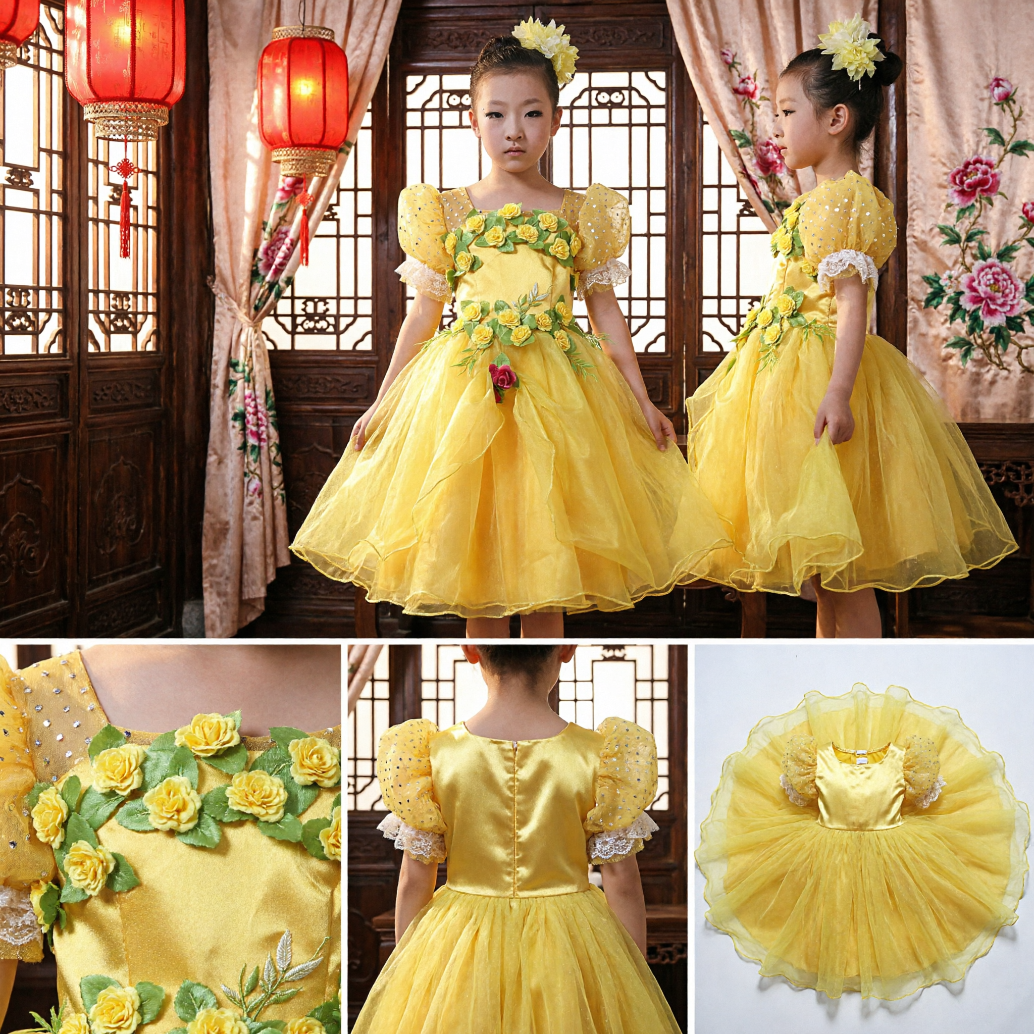 Girls Yellow Puffy Sleeve Ball Gown with 3D Rose Appliques for Stage Dance Performance and Party - Asian Costume
