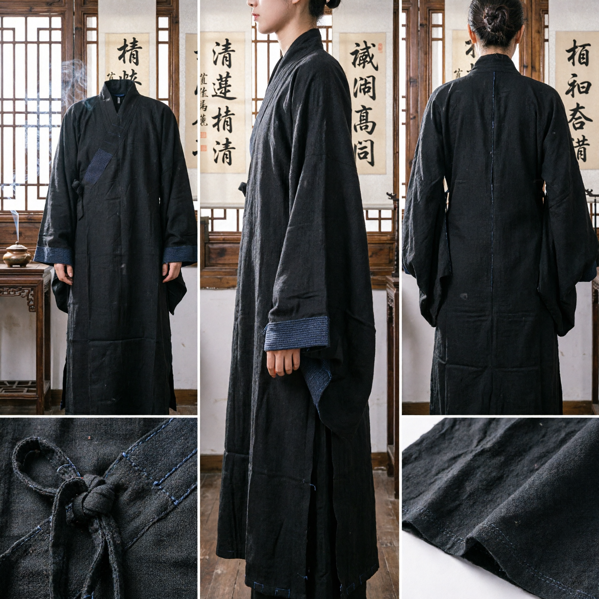 Men's Traditional Chinese Black Hanfu Robe Wide Sleeve Cross Collar Ancient Clothing for Martial Arts - Asian Costume