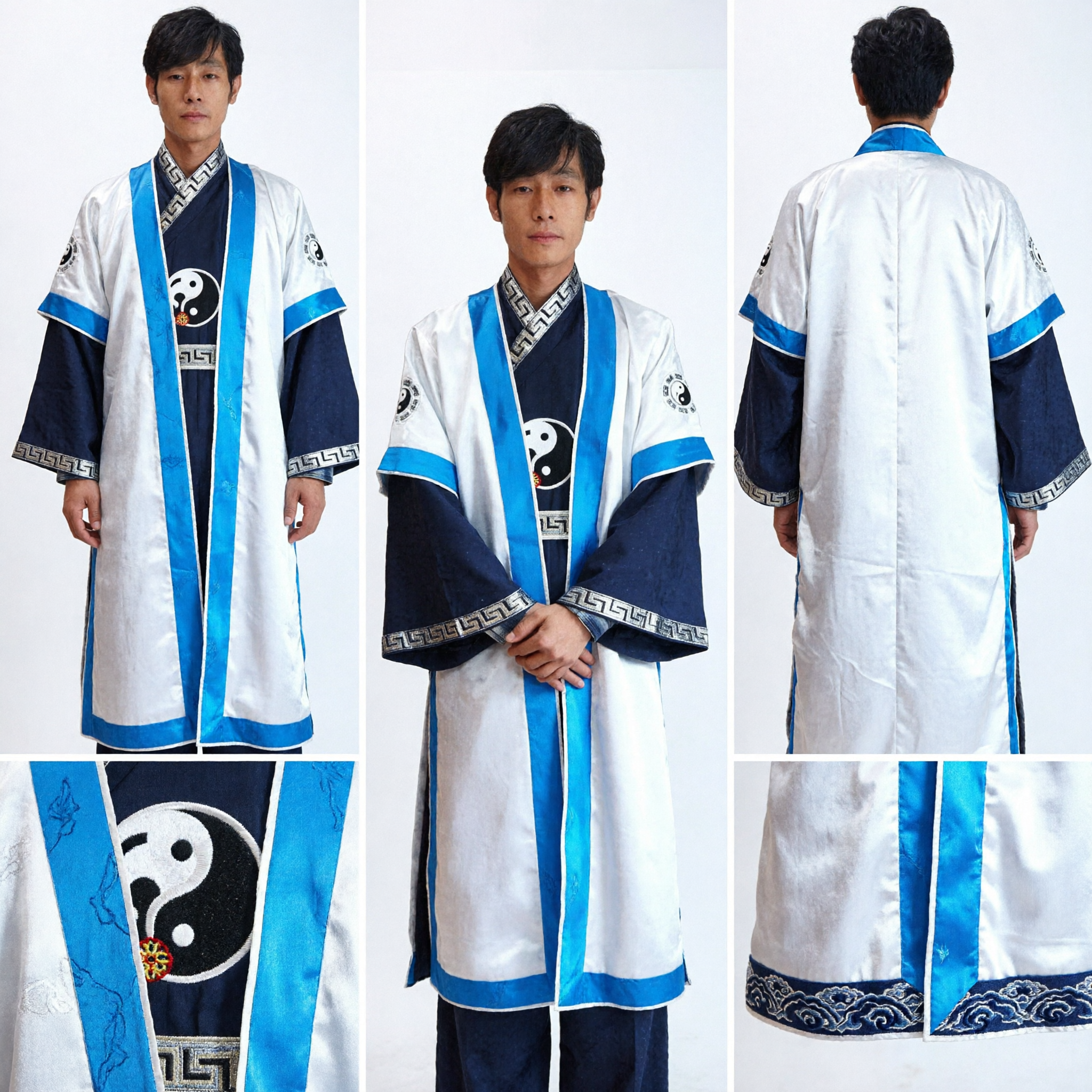 Men's Traditional Chinese Taoist Priest Robe White Blue Tai Chi Kung Fu Costume with Yin Yang Pattern - Asian Costume
