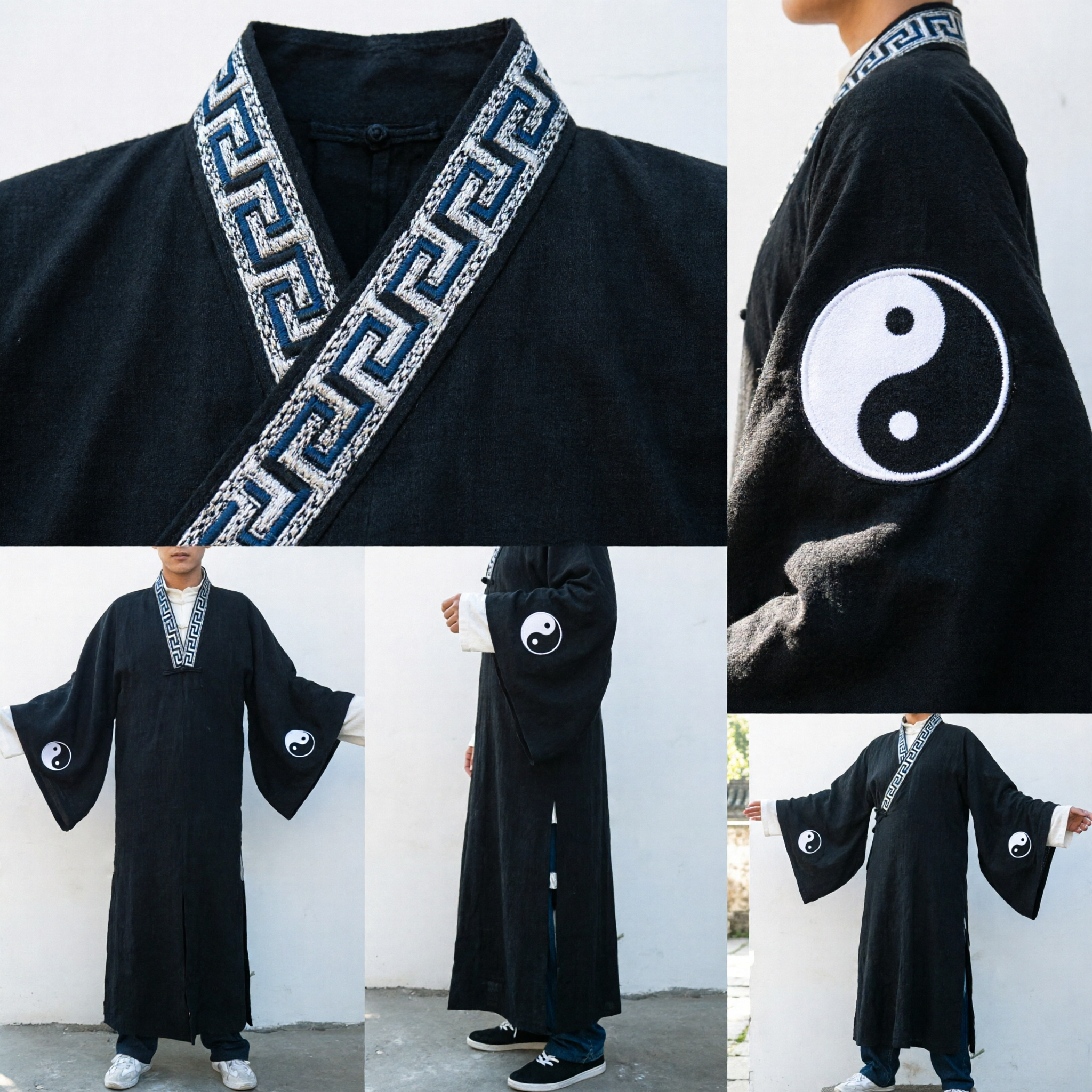 Traditional Chinese Black Taoist Robe Men's Tai Chi Kung Fu Uniform with Yin Yang Sleeve Embroidery - Asian Costume