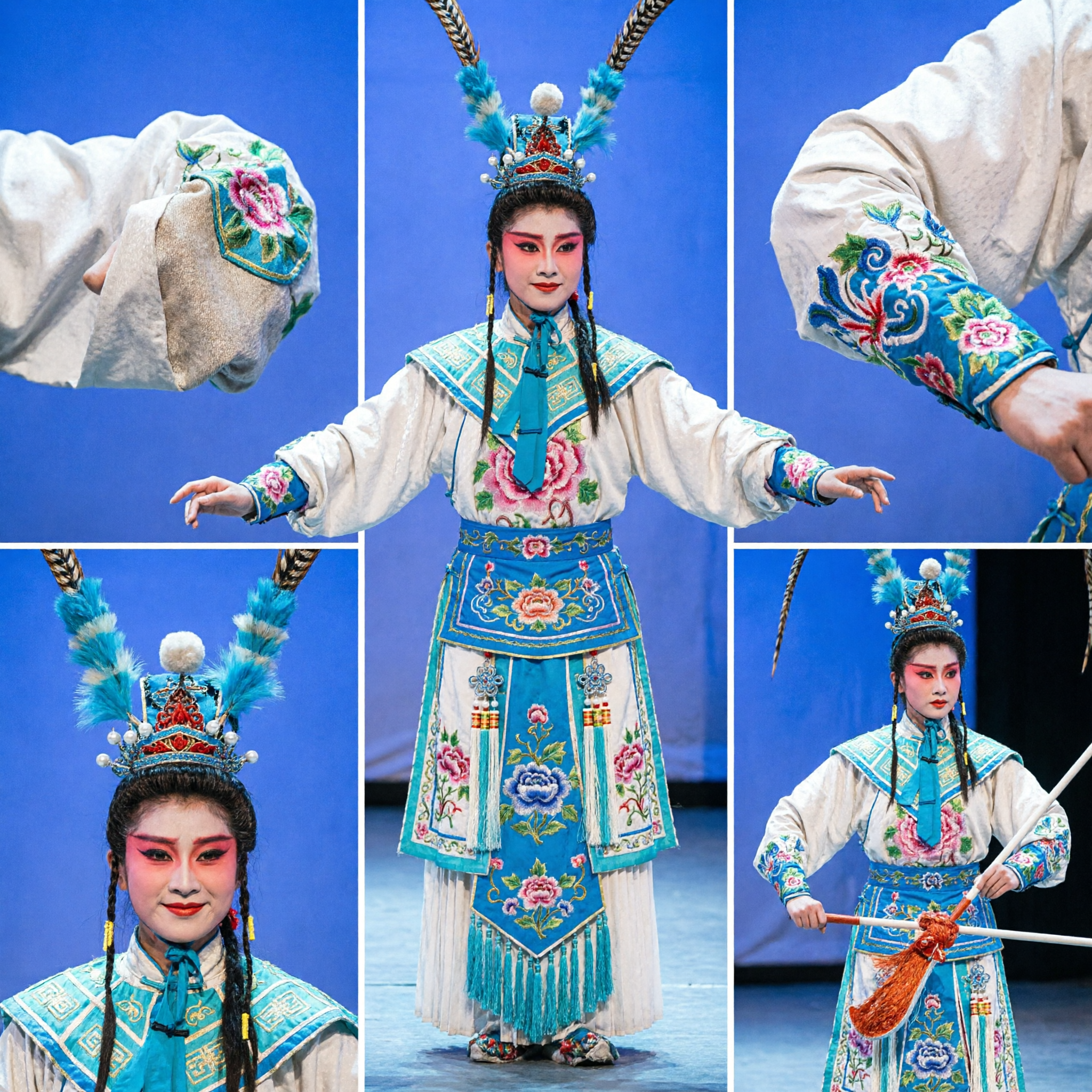Professional Chinese Peking Opera General Costume with Blue Embroidered Armor and Pheasant Feathers for Stage Performance - Asian Costume