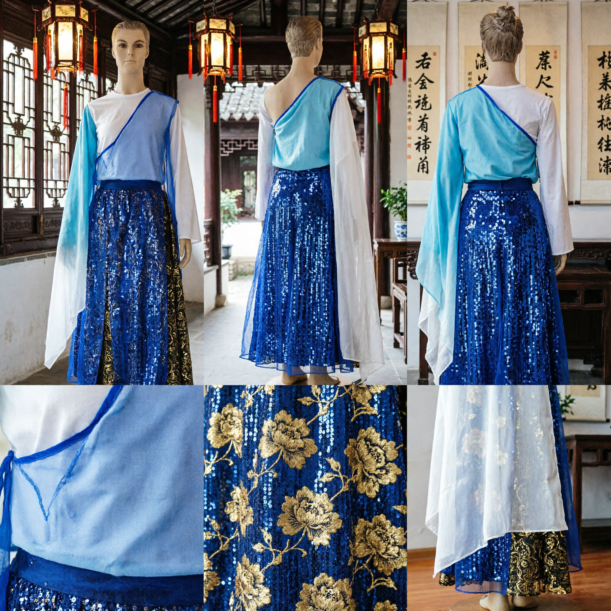 Traditional Blue Chinese Classical Dance Costume with Long Water Sleeves and Gold Embroidered Skirt for Stage Performance - Asian Costume