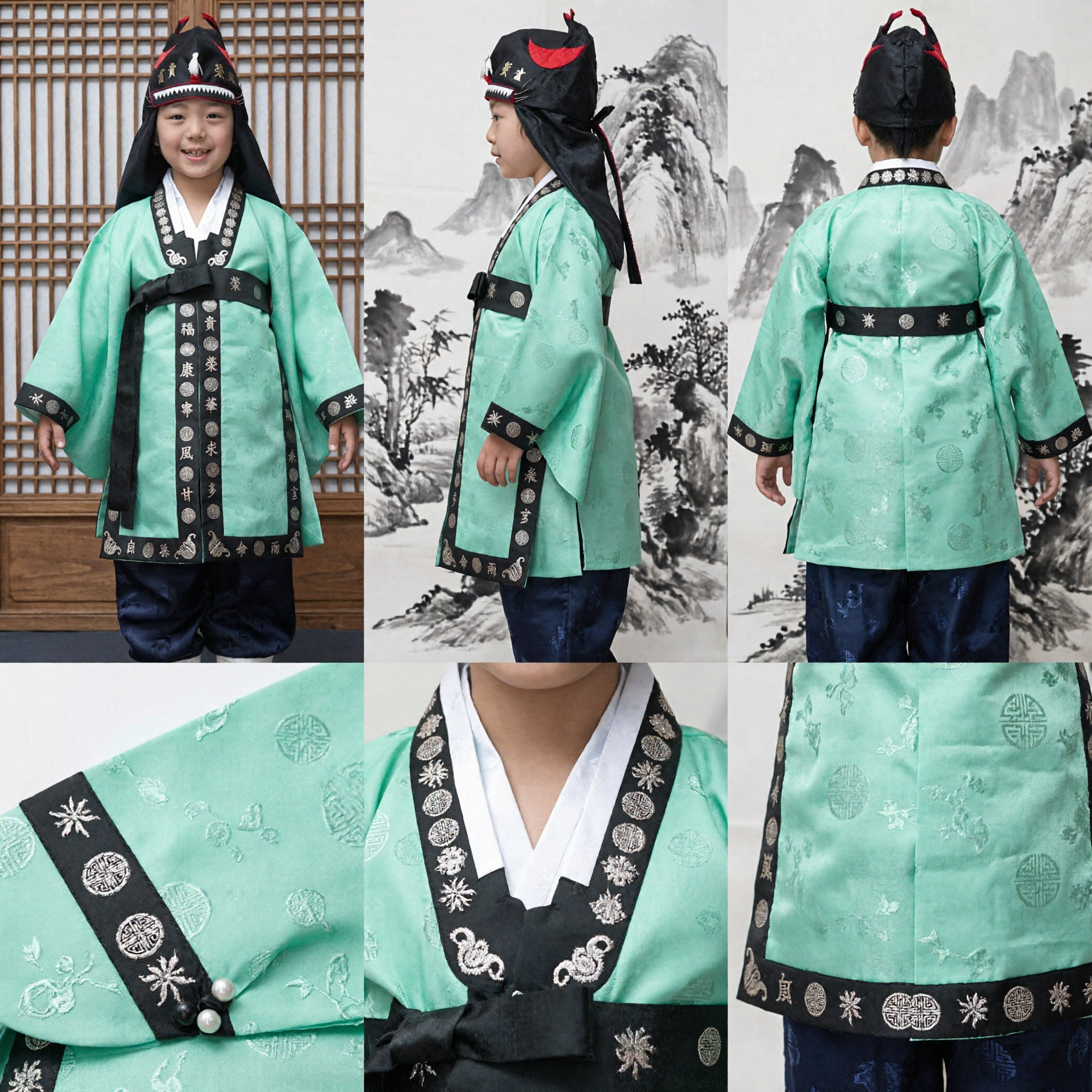 Boys Traditional Korean Hanbok Costume Mint Green Top with Gold Embroidery and Ceremonial Black Hat - Asian Costume