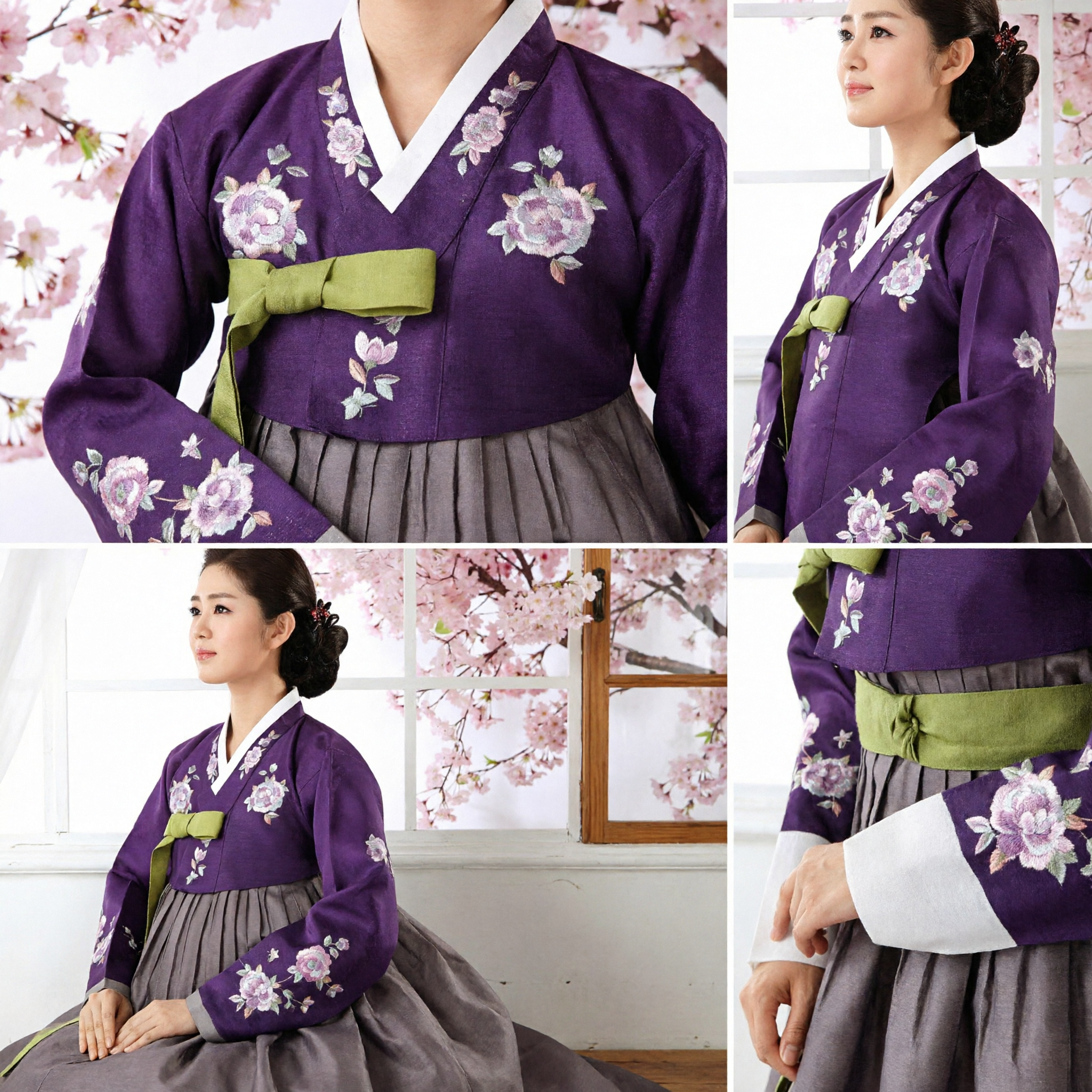 Elegant Purple Korean Hanbok Traditional Dress for Women with Floral Embroidery for Weddings and Parties - Asian Costume