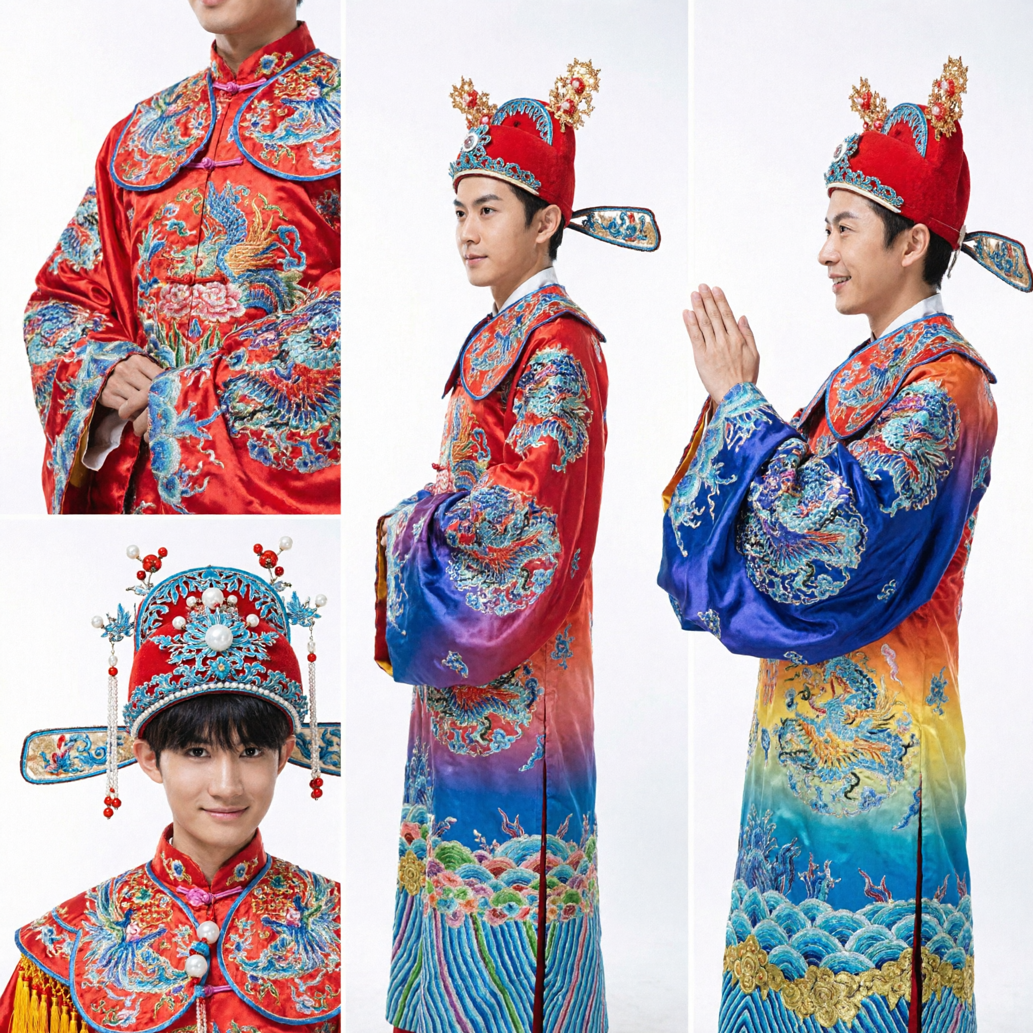 Traditional Chinese Wedding Costume Set for Bride and Groom Red Dragon Phoenix Robes for Stage Performance - Asian Costume