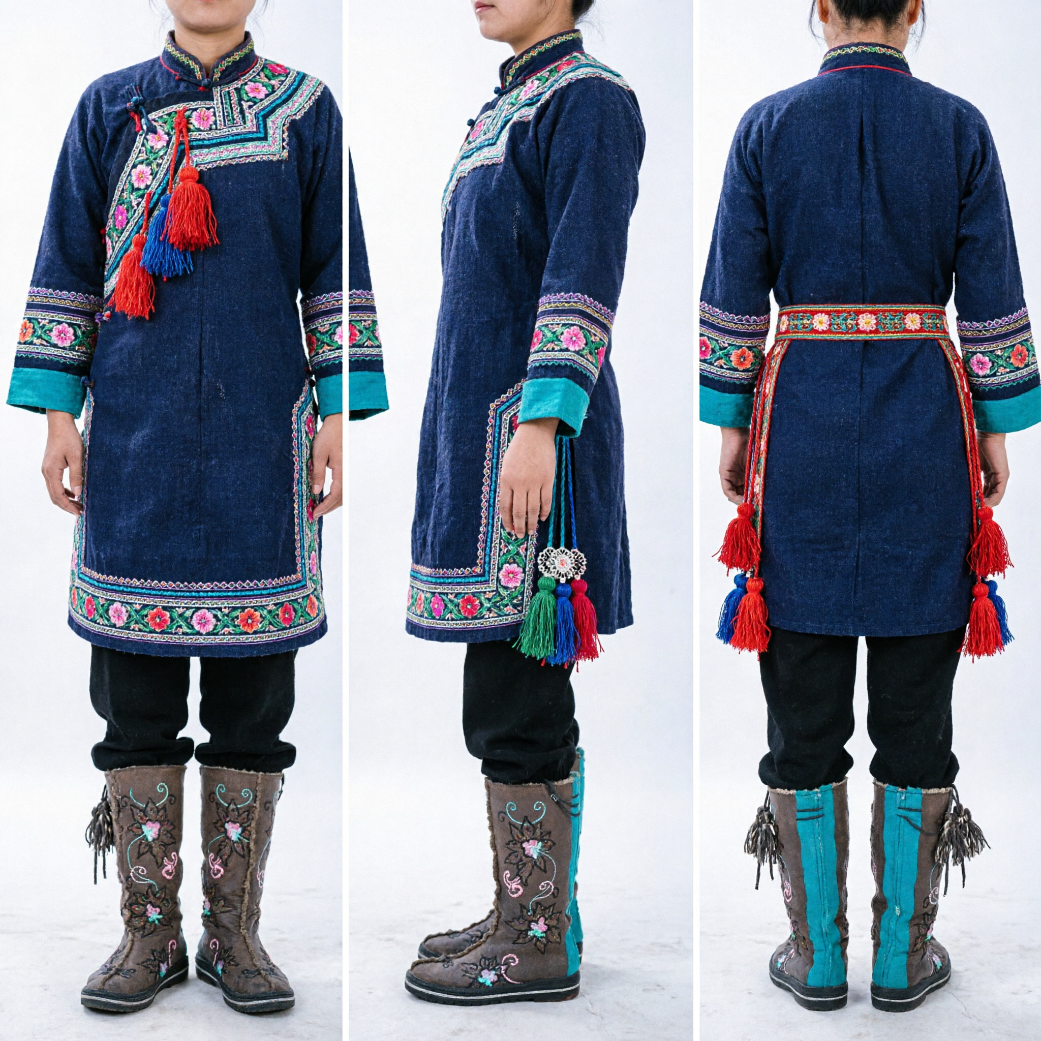 Women's Brown and Teal Western Winter Boots with Embroidered Heart Cross Design Side Lace Casual Snow Boot - Asian Costume