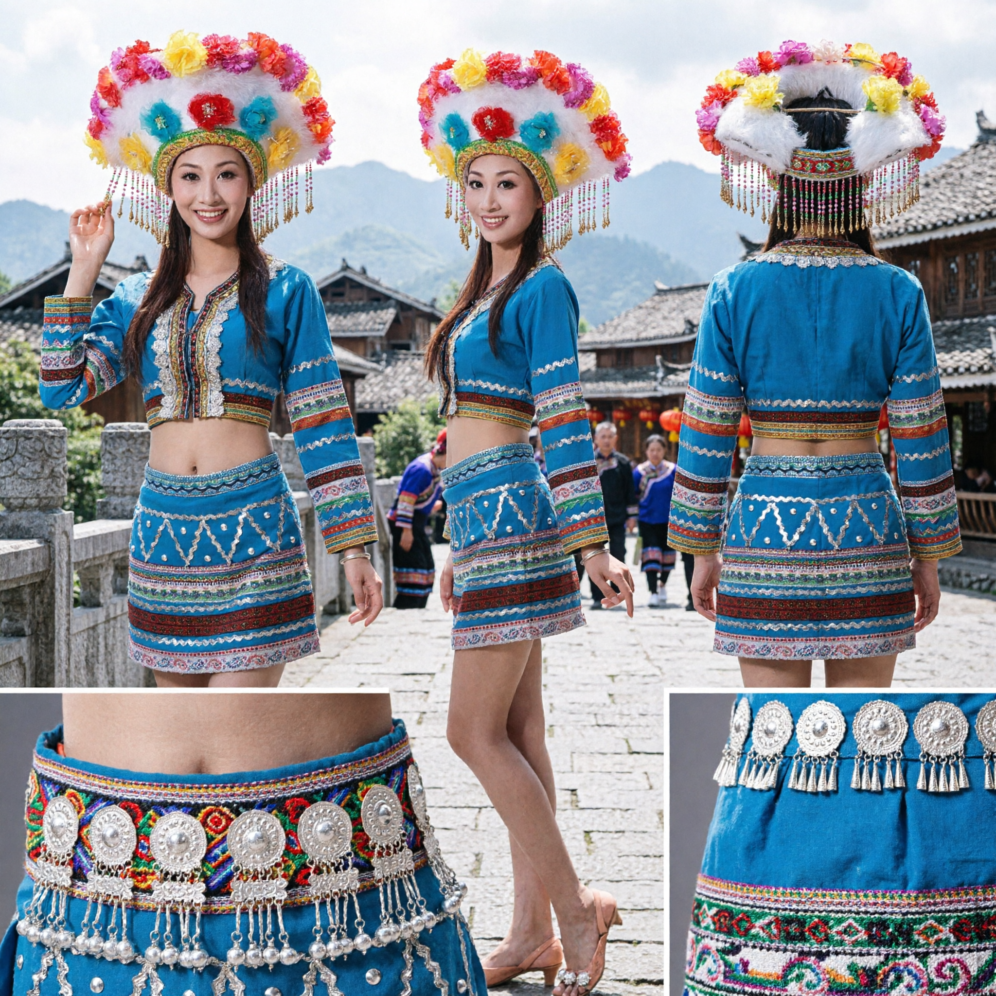 Traditional Chinese Ethnic Minority Blue Dress with Colorful Floral Hat for Women Stage Dance Performance - Asian Costume