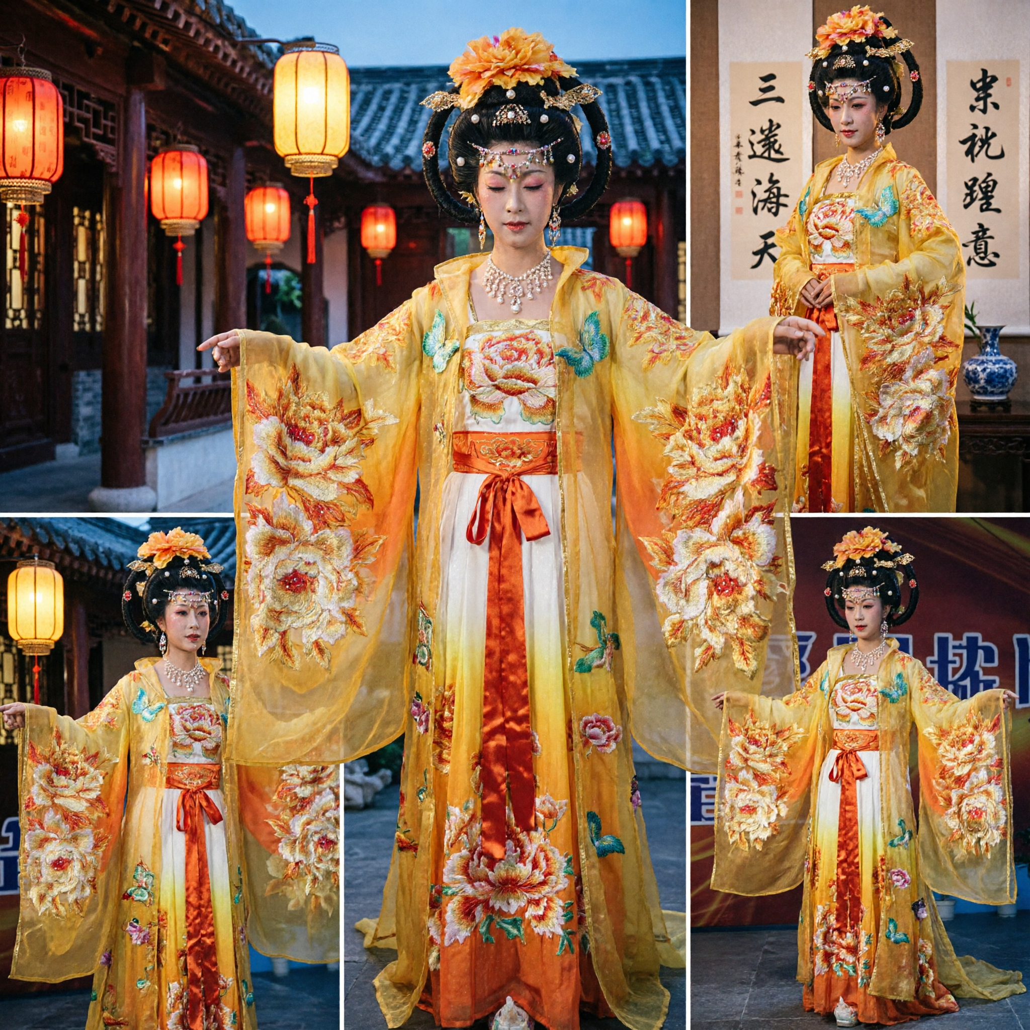 Traditional Chinese Tang Dynasty Costume Yellow Peony Hanfu Stage Performance Opera Dress for Women - Asian Costume