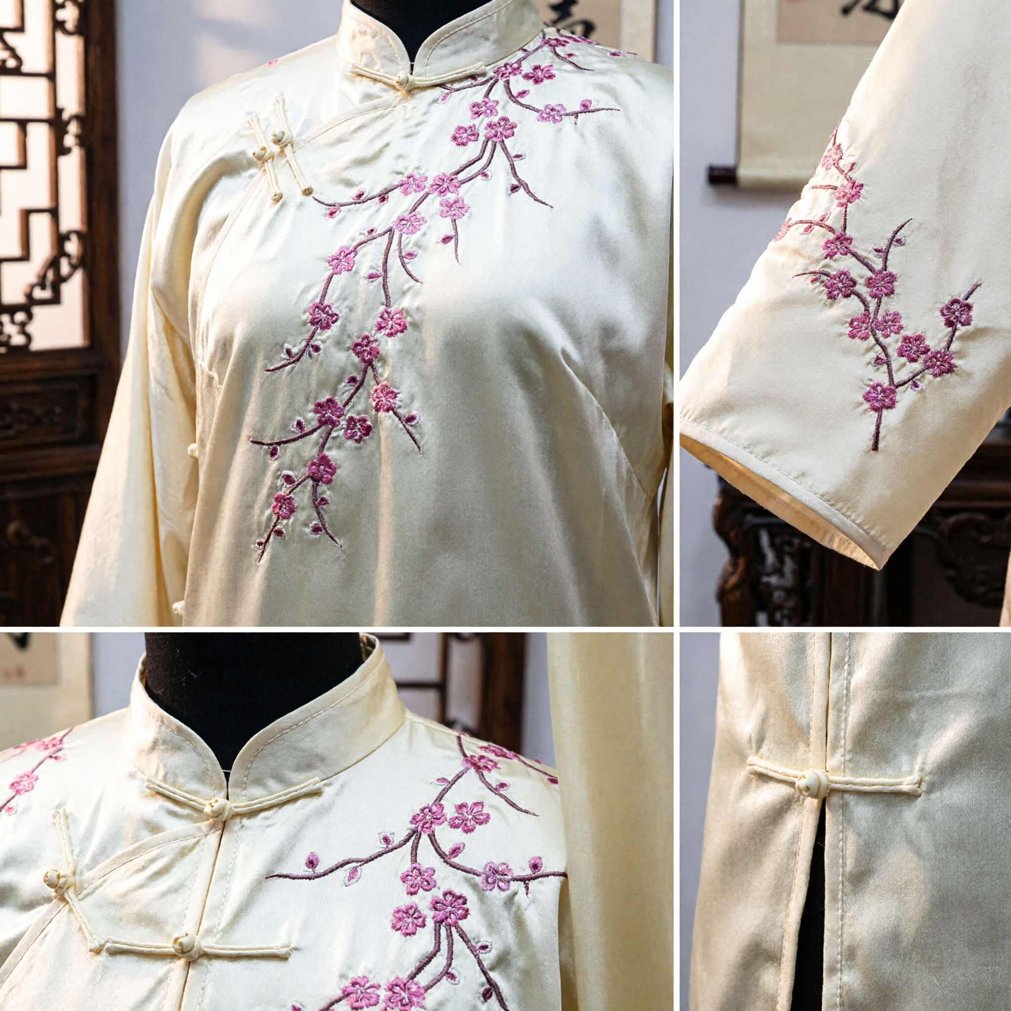 Cheongsam en Soie Jaune Traditionnel avec Broderie de Fleurs de Prunier Rose Élégant, Robe Qipao Chinoise pour Femmes - Asian Costume