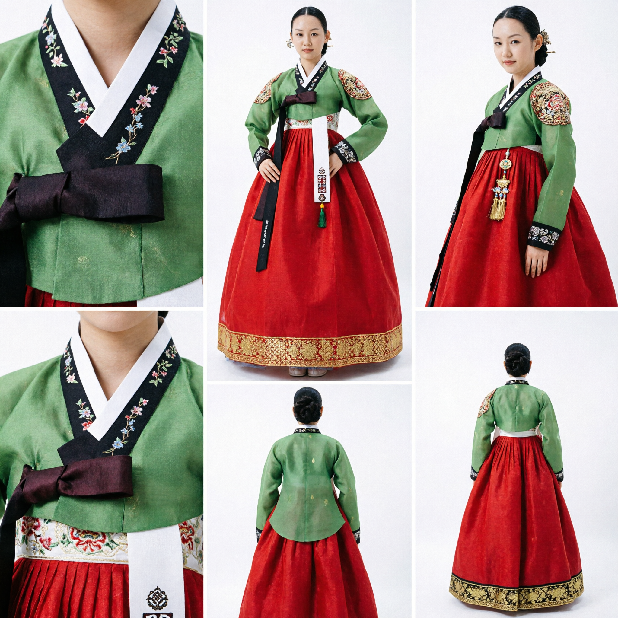 Conjunto de Hanbok Coreano Tradicional para Mulheres Jeogori Bordado Verde e Chima Vermelha para Ocasiões Especiais e Casamentos - Asian Costume