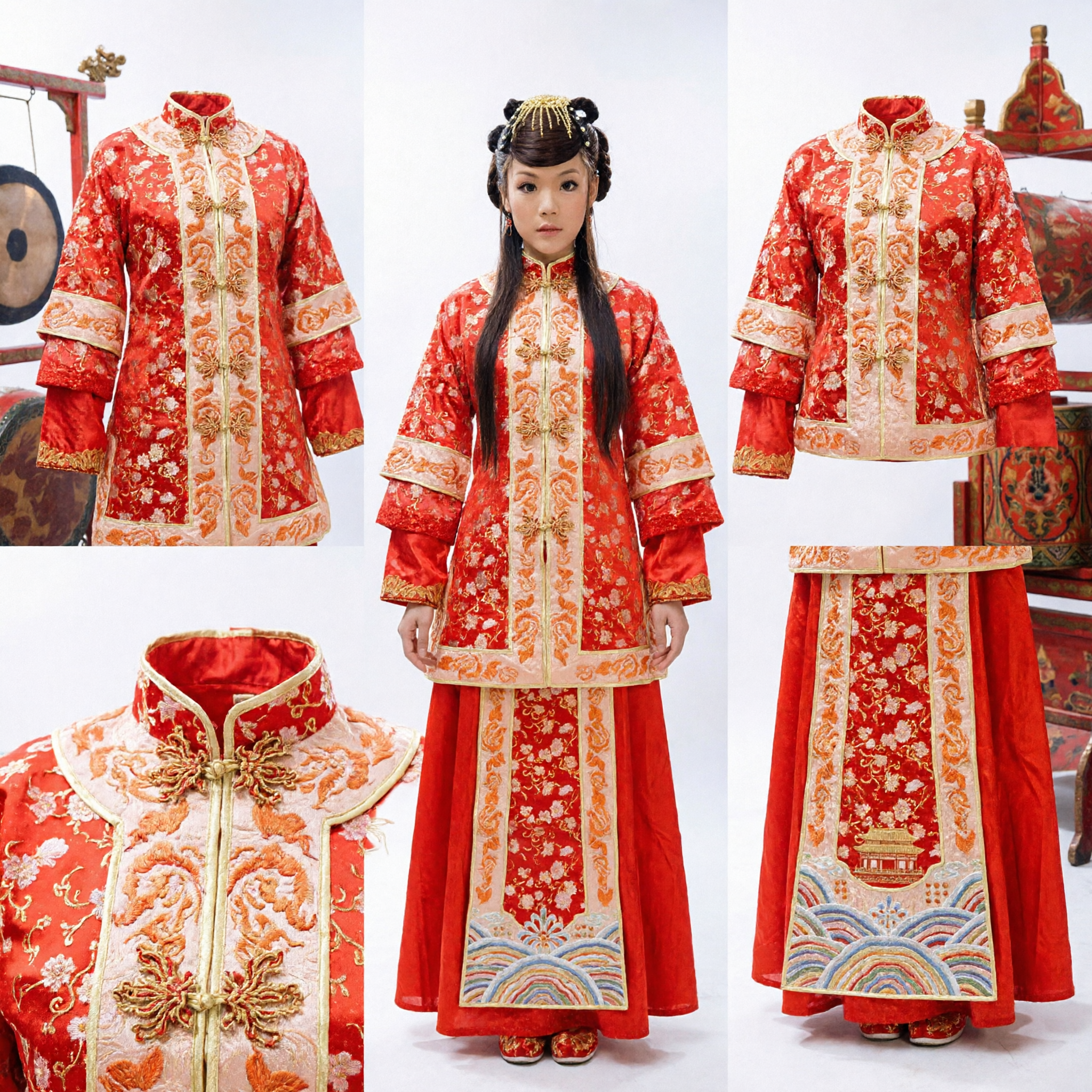 Traditional Chinese Red Wedding Dress Embroidered Qun Kwa Gown for Bride Ceremony Performance - Asian Costume