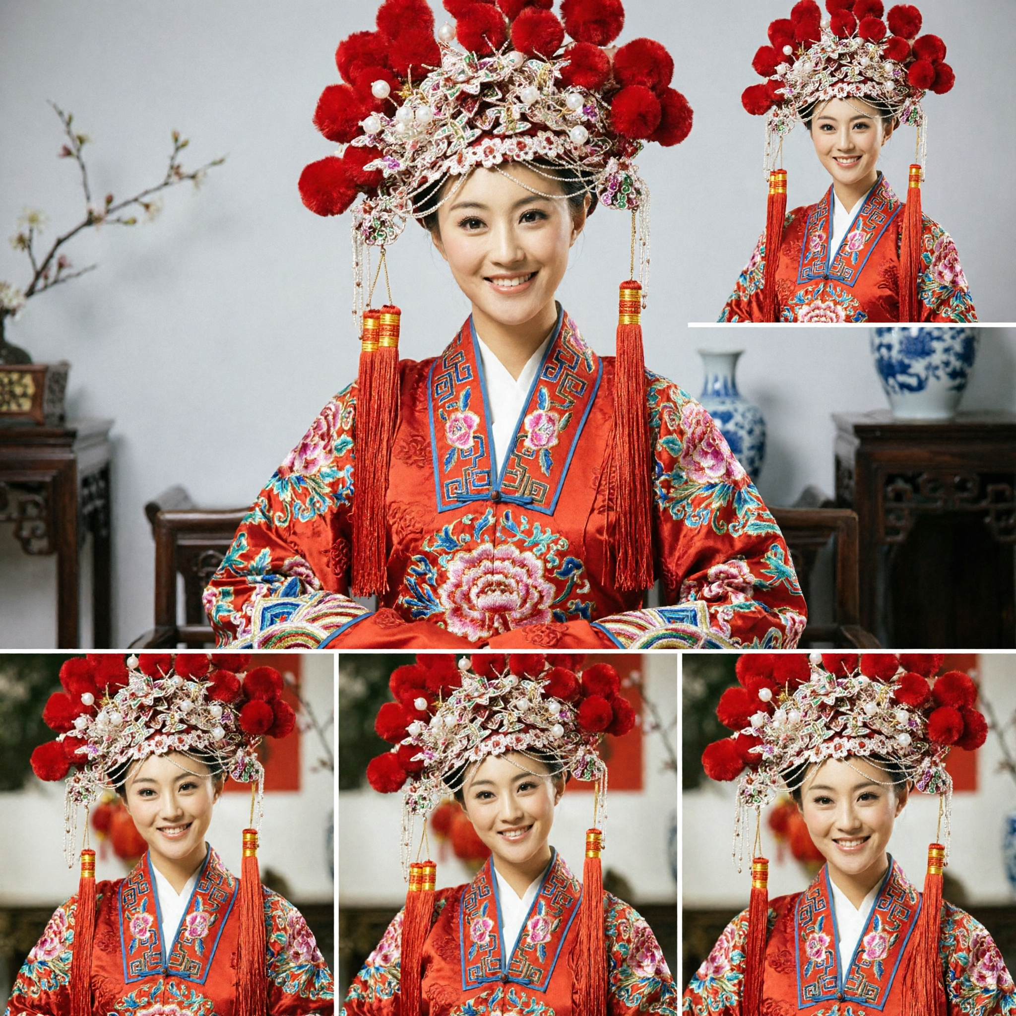 Tocado de Novia Tradicional China, Corona Fénix con Pompones Rojos para Ópera y Accesorios de Pelo - Asian Costume