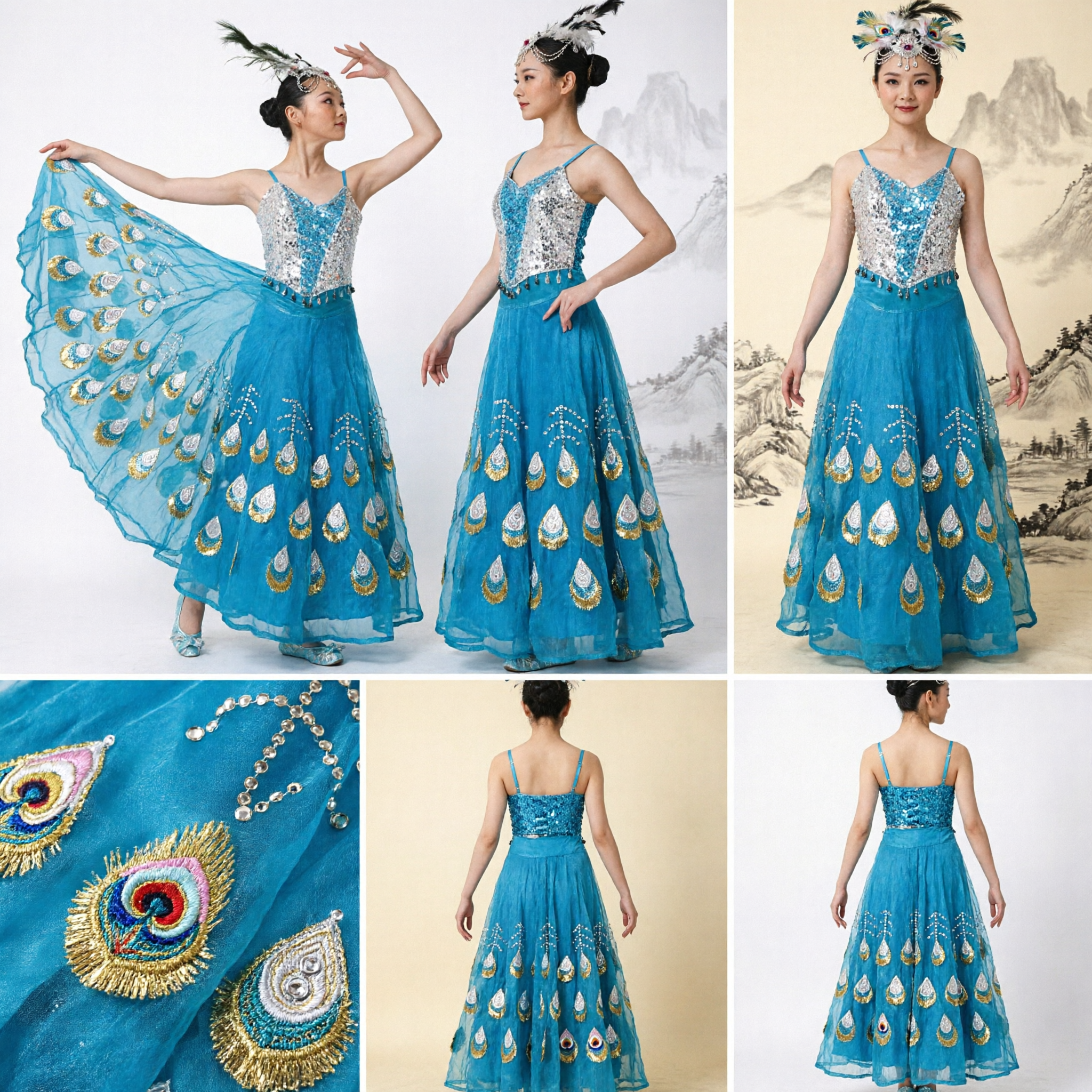 Traditional Dai Minority Peacock Dance Costume Blue Sequin Dress with Feather Wings for Stage Performance - Asian Costume