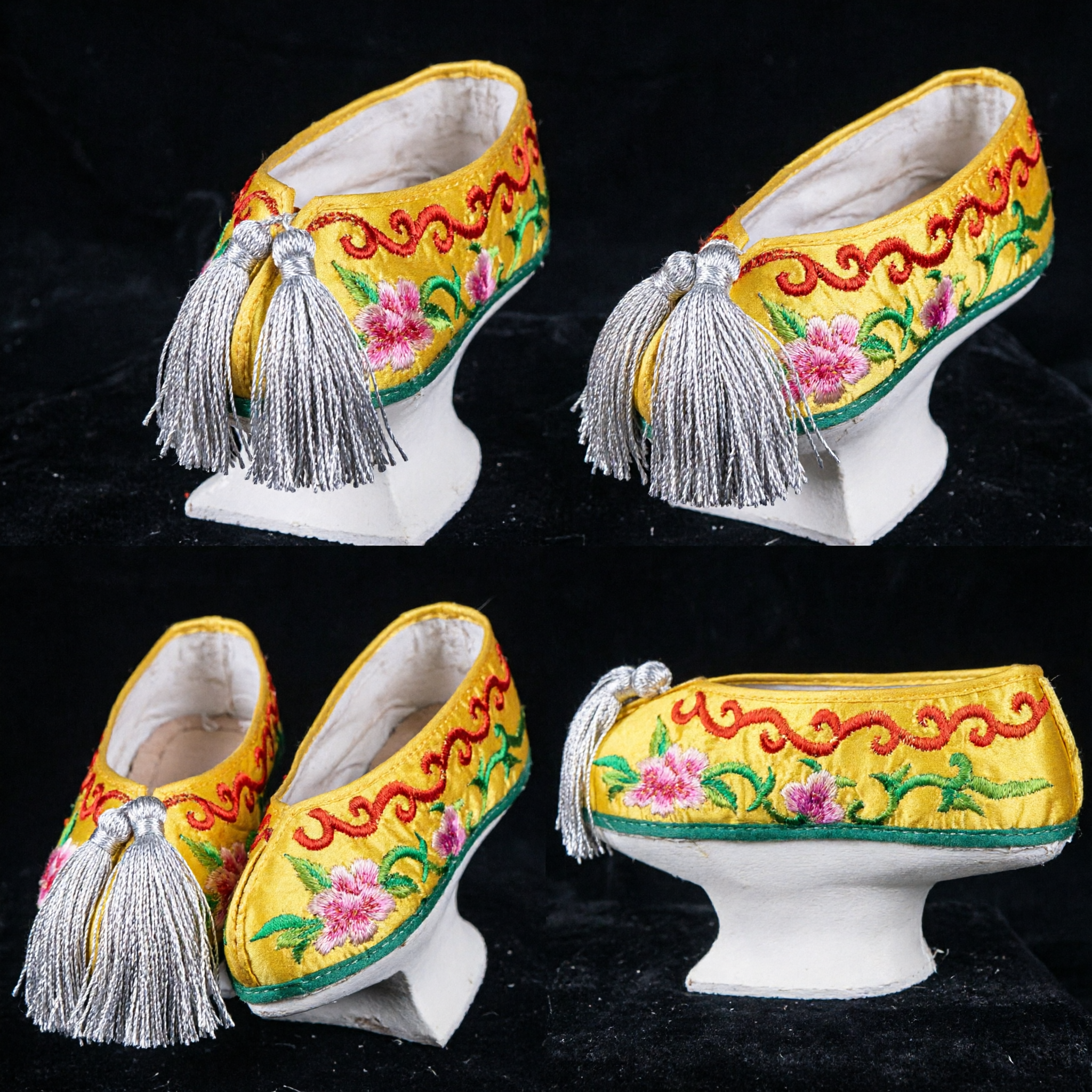 Chaussures brodées de dragon jaune traditionnelles chinoises - Avec franges pour femmes, pour Hanfu et spectacle scénique - Asian Costume