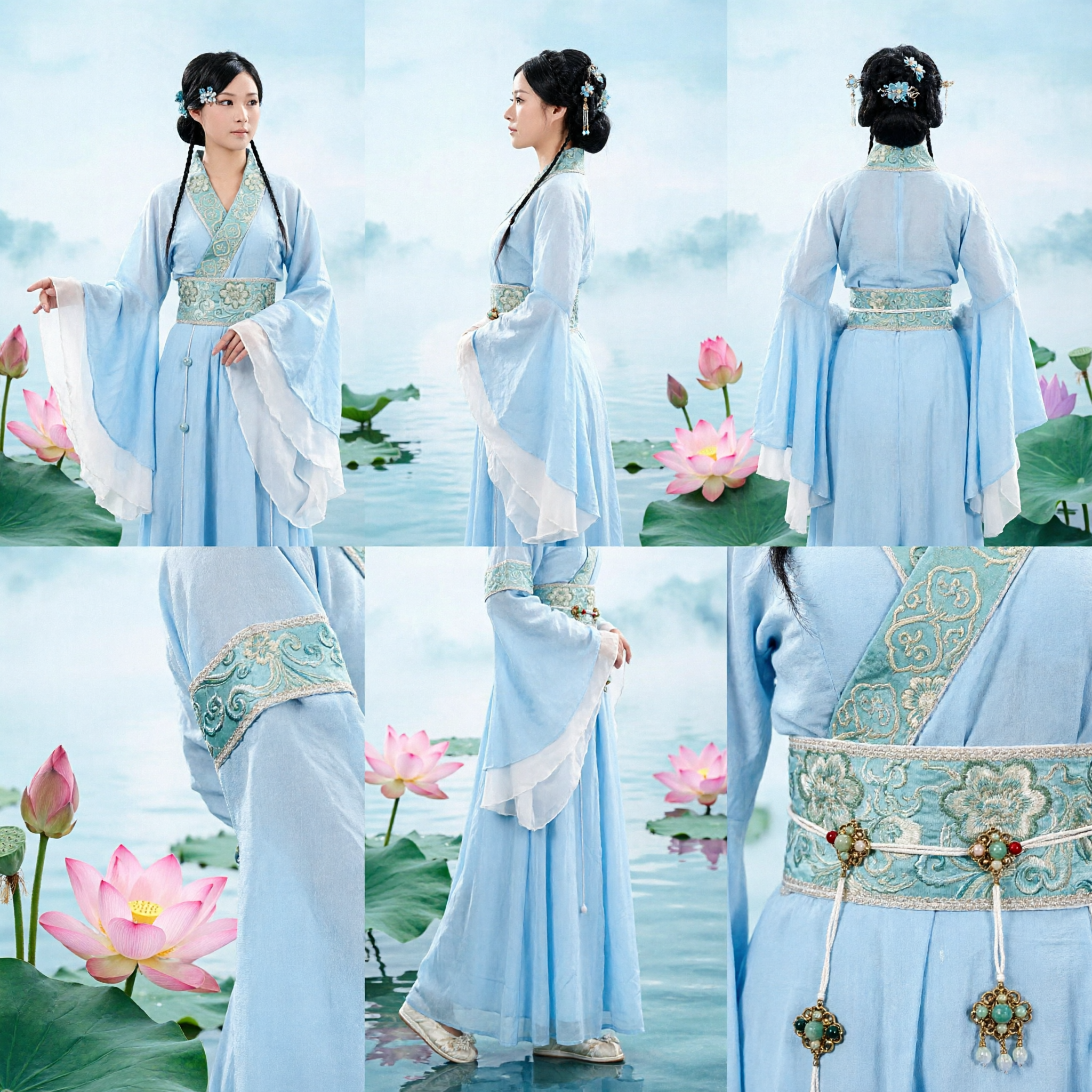 Elegante Vestido Tradicional Chino Hanfu Azul con Bordado Floral para Mujeres, para Presentaciones de Danza Clásica - Asian Costume