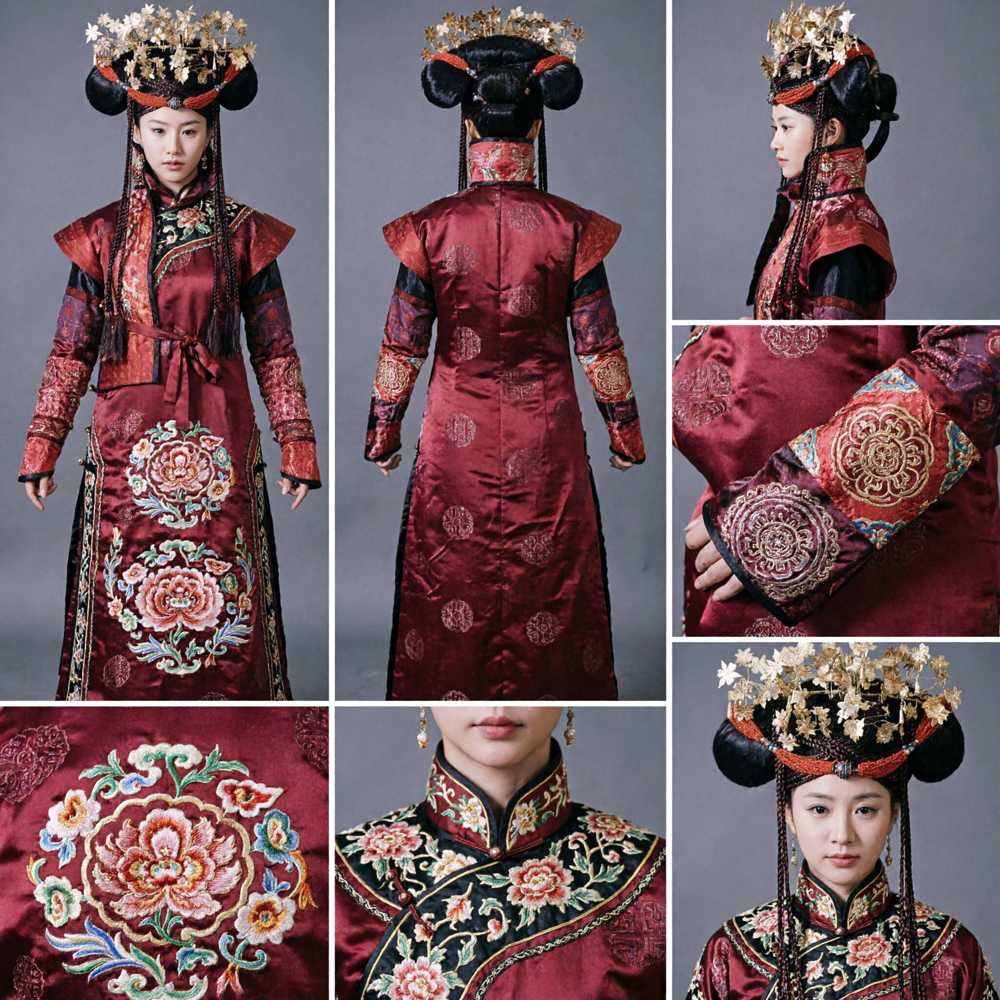 Tradycyjny Chiński Kostium Księżniczki z Dynastii Qing, Komplet z Wyszukanym Złotym Kwiatowym Nakryciem Głowy Manchu do Cosplayu - Asian Costume