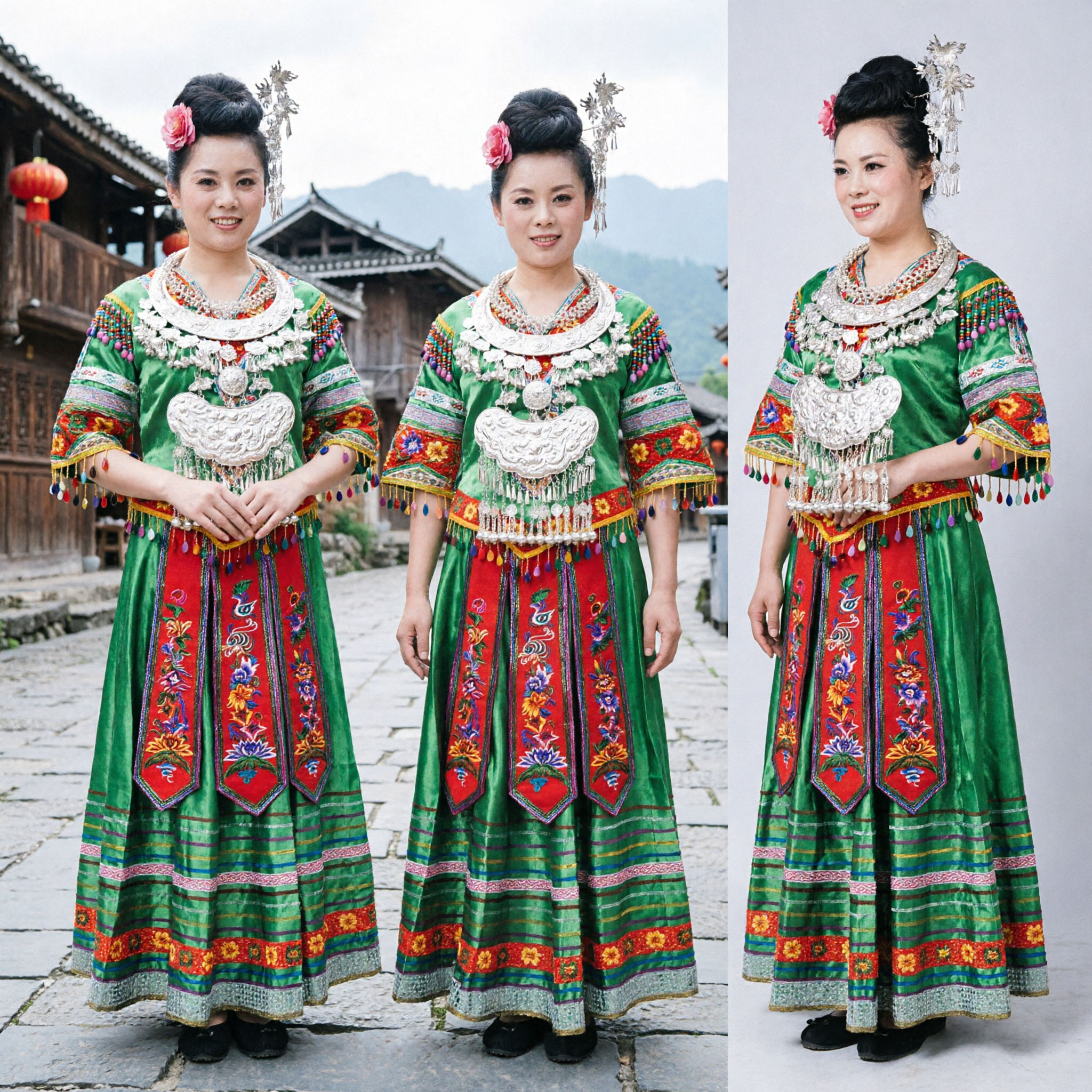 Conjunto Completo de Traje de Danza Folclórica Verde de la Etnia Miao Tradicional China para Mujeres con Joyería de Plata - Asian Costume