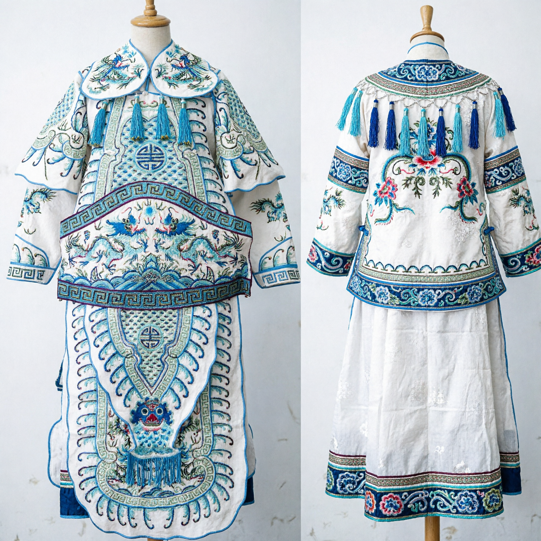 Traditionelles chinesisches Peking-Oper-General-Rüstungskostüm mit Fahnen, weiß-blaue Drachenstickerei für erwachsene Darsteller - Asian Costume