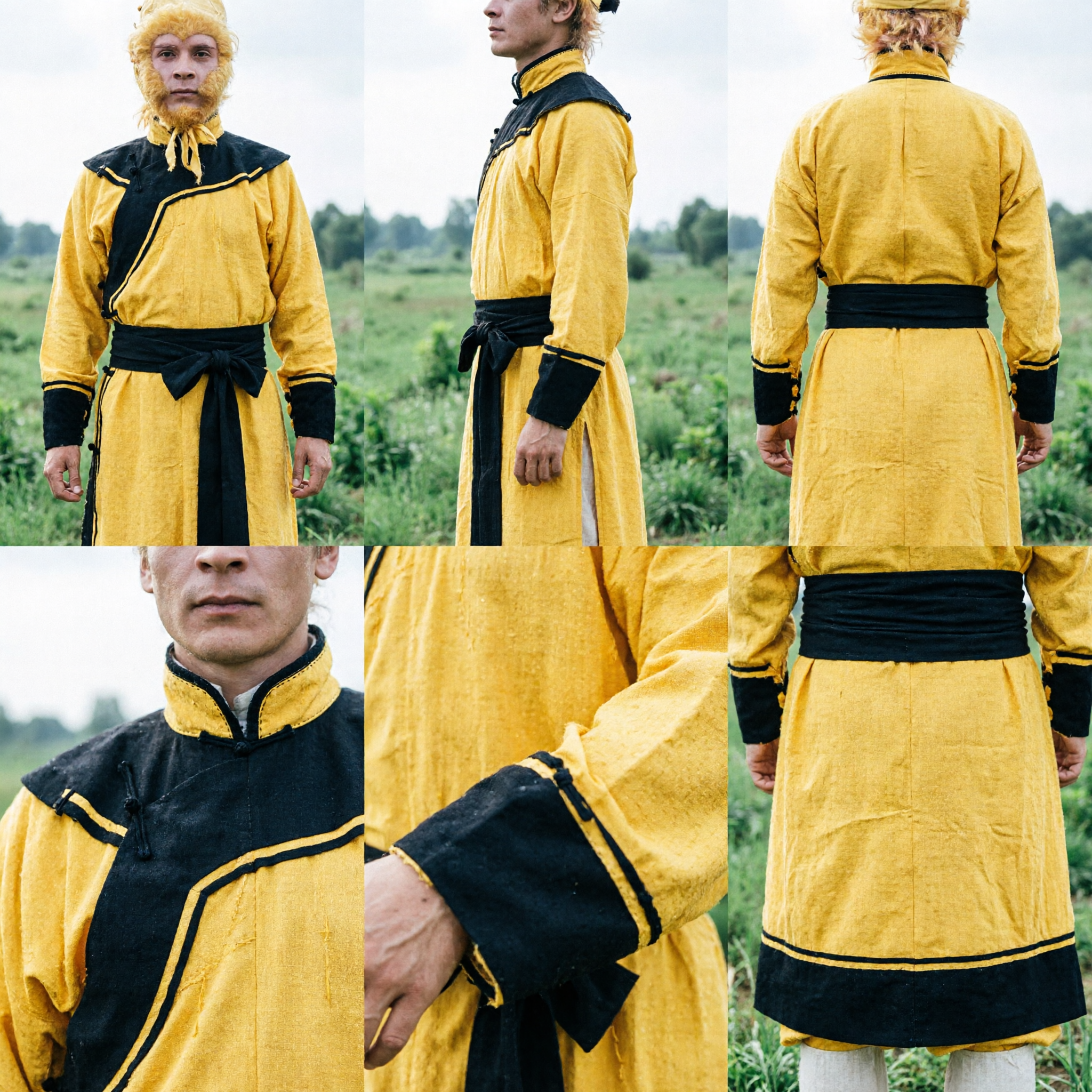 Costume traditionnel jaune du Roi Singe Sun Wukong avec masque et bâton, pour cosplay et performance du 'Voyage vers l'Ouest' - Asian Costume