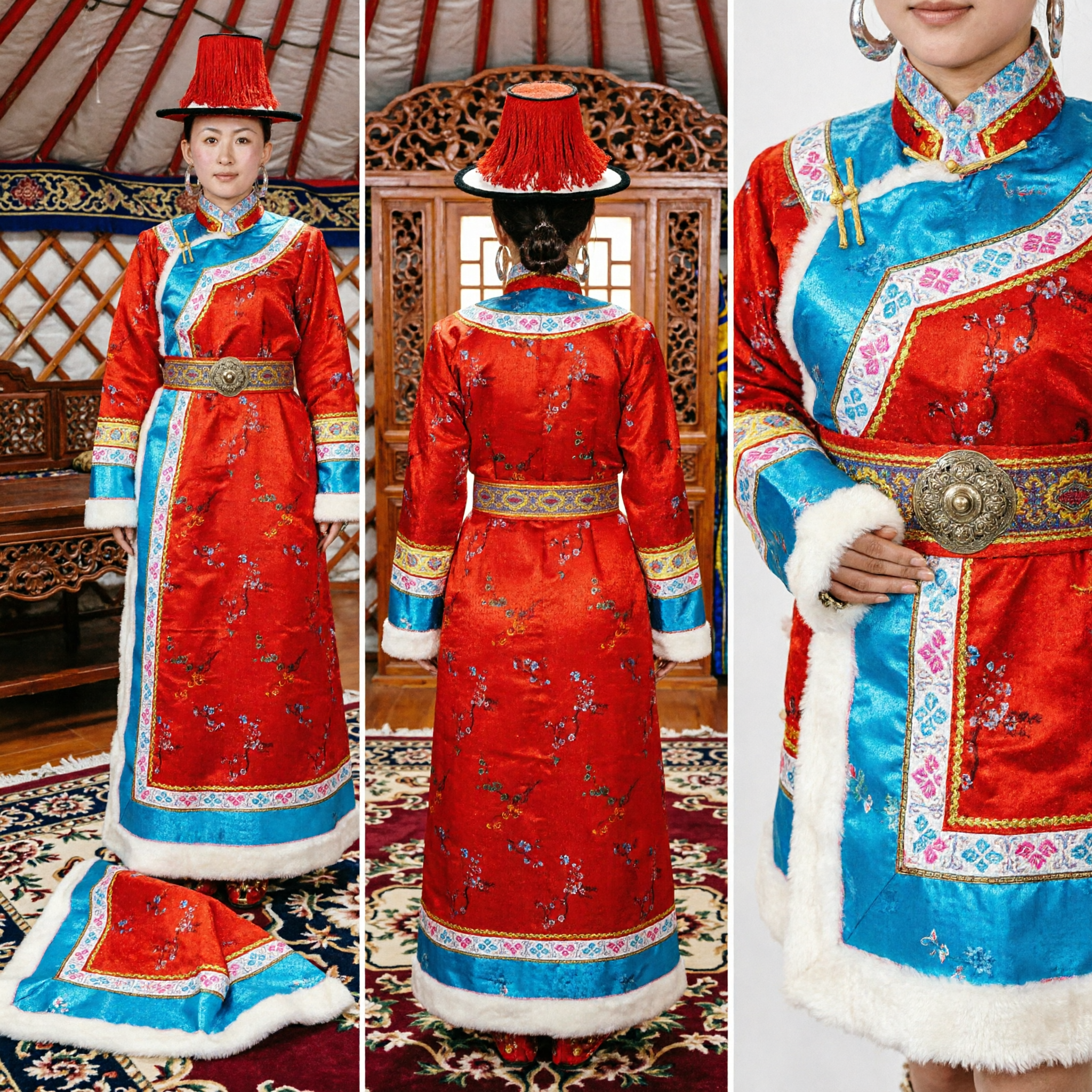 Tradycyjna Czerwona Tybetańska Suknia Chuba dla Kobiet z Futrzanym Wykończeniem i Kapeluszem do Występów Kulturowych - Asian Costume