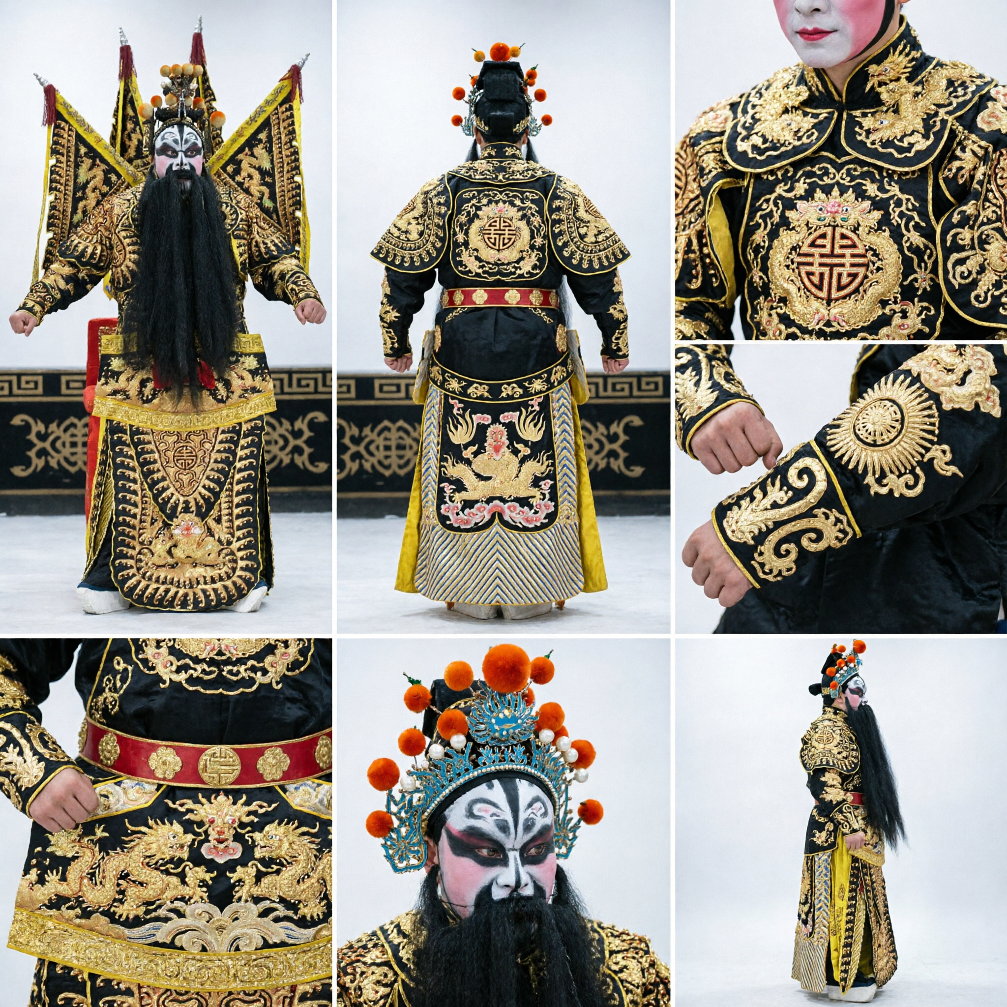 Professional Peking Opera General Costume Black Gold Warrior Armor with Flags for Stage Performance - Asian Costume