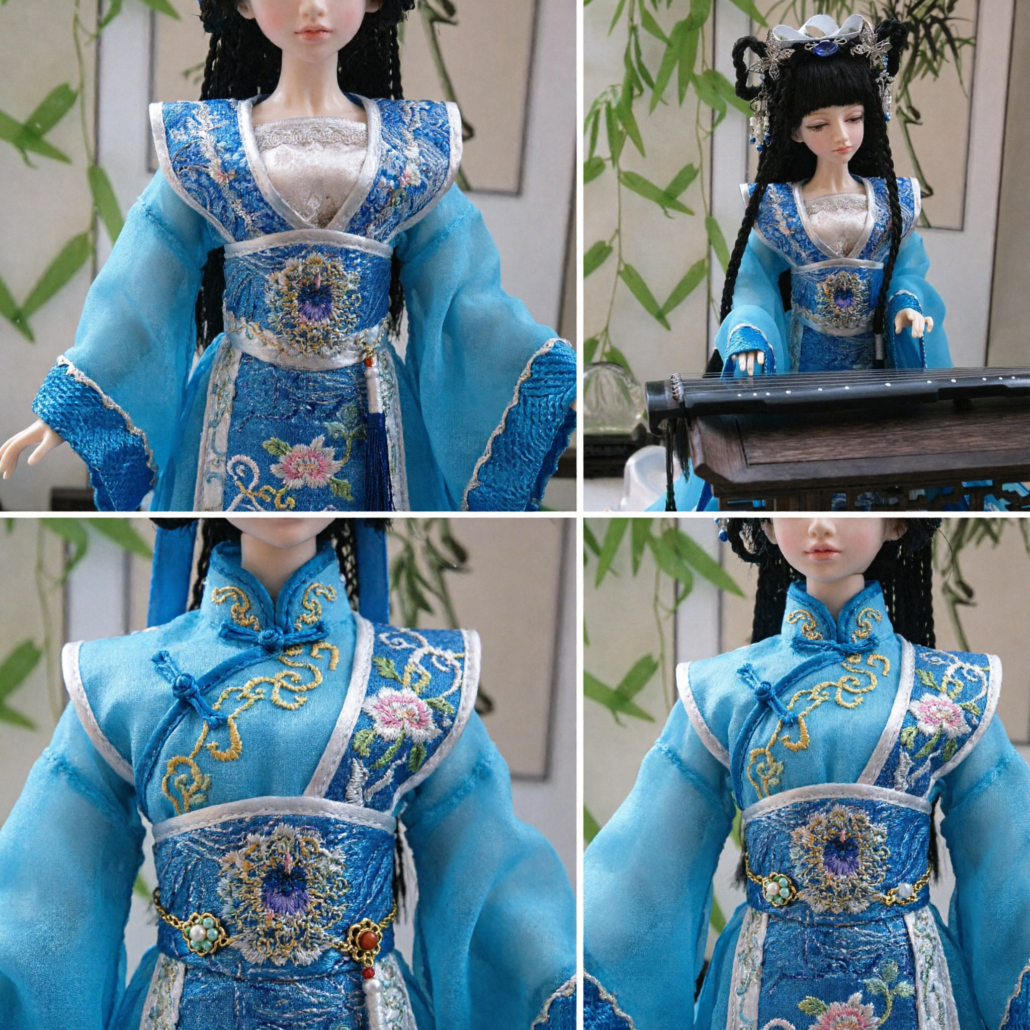 Traje Tradicional Chino Hanfu Azul Antiguo para Muñecas de Colección, Conjunto Completo con Guqin y Tocado - Asian Costume