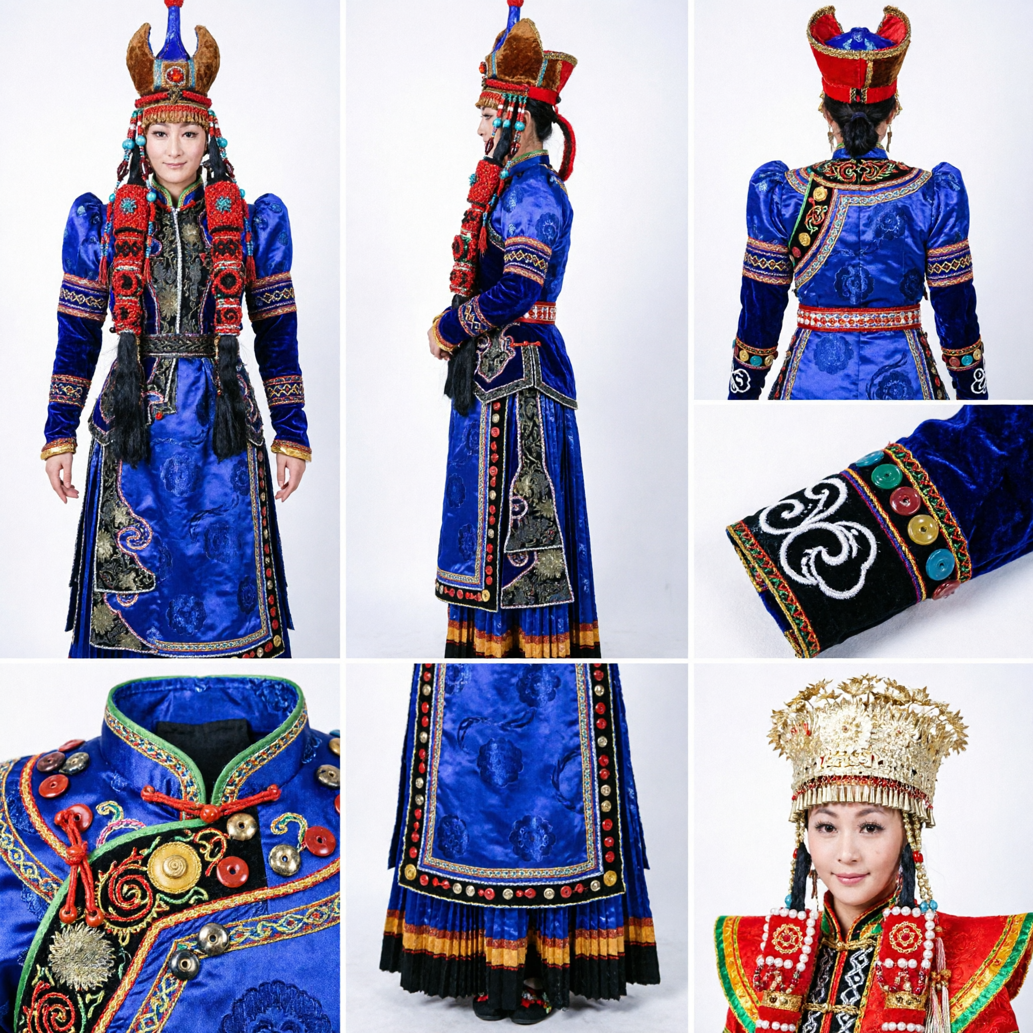 Costume de Mariage Mongol Traditionnel pour Homme et Femme Ensemble Deel Ethnique Bleu et Rouge avec Chapeaux - Asian Costume