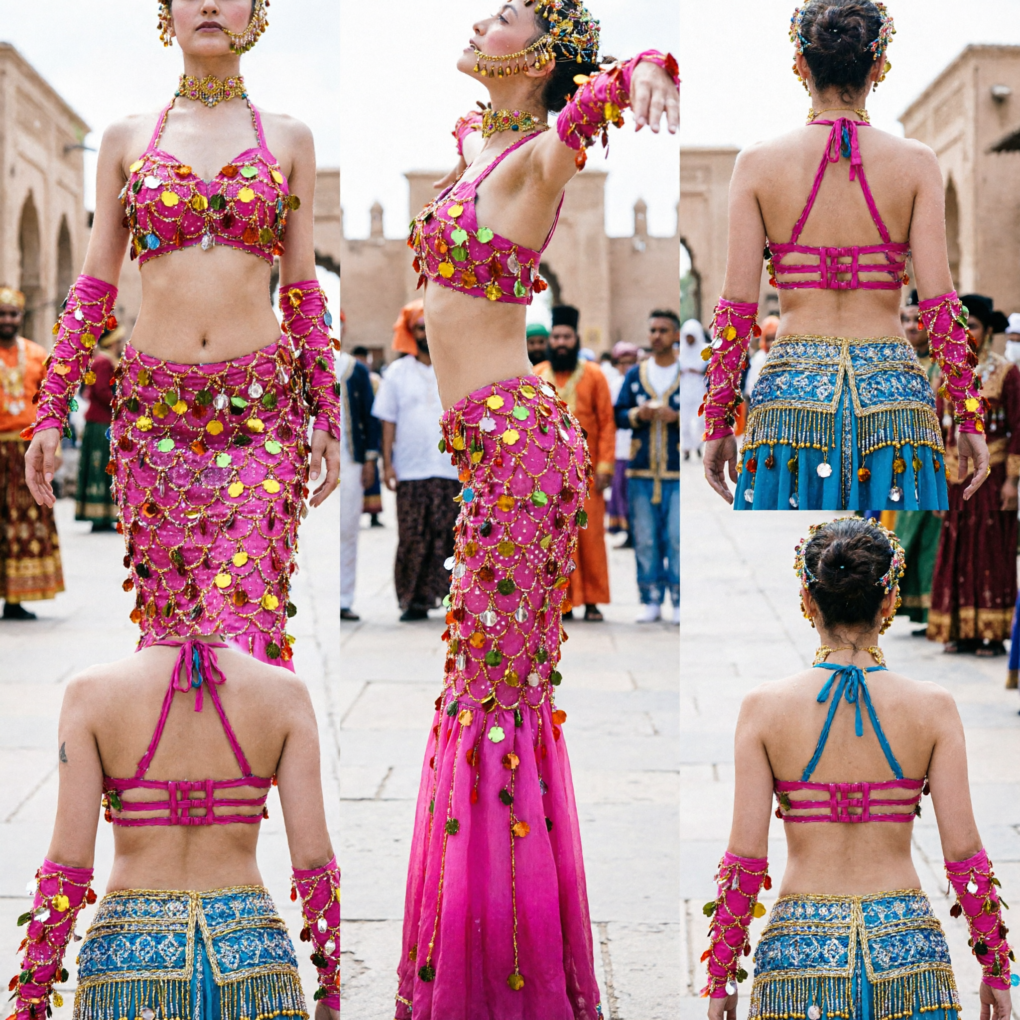 Costume Vivace per Danza Folkloristica Esotica Rosa con Paillettes per Donna per Spettacoli Abito in Stile Danza del Ventre con Accessori - Asian Costume