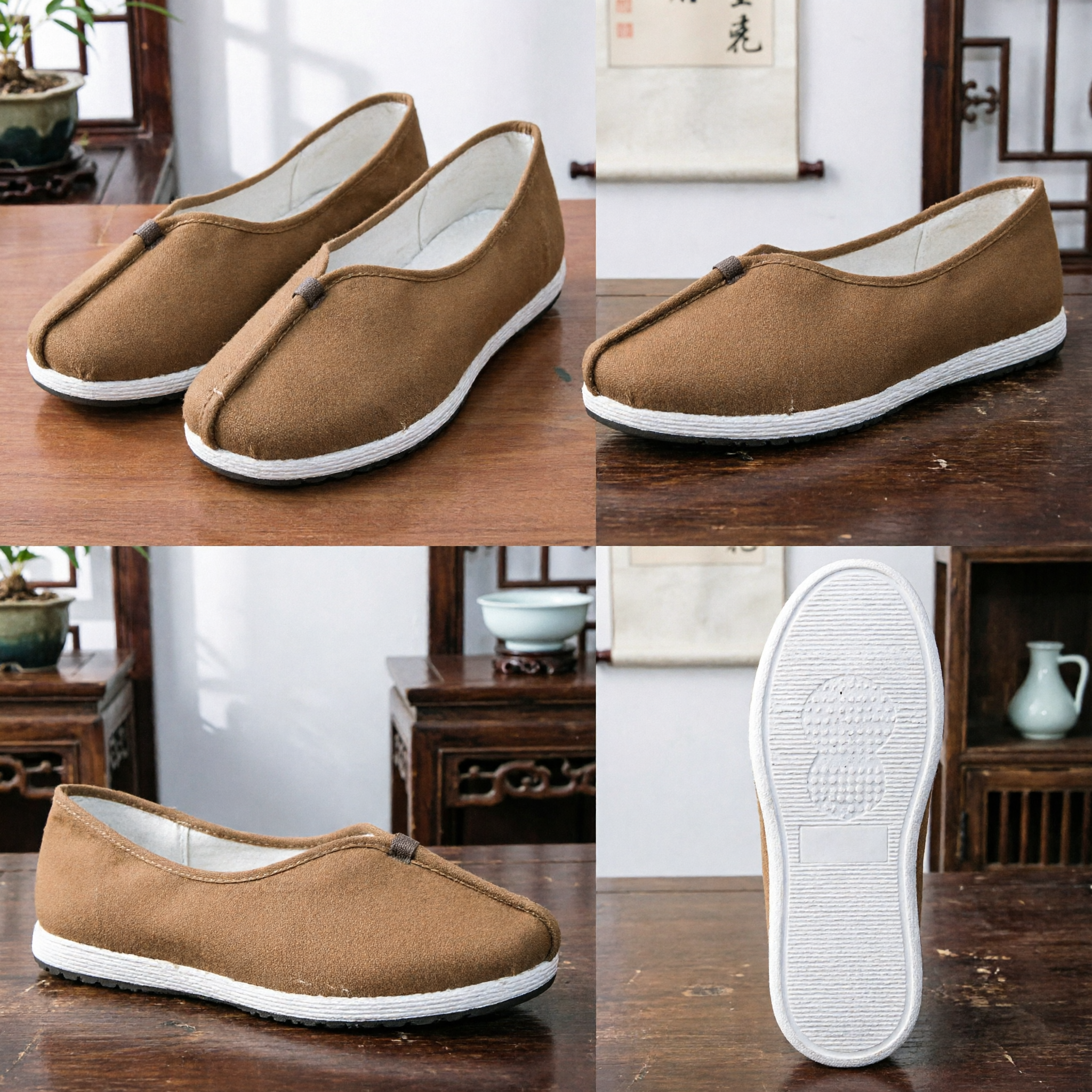 Scarpe di Stoffa Tradizionali Cinesi da Uomo Marrone Chiaro Slip-On per Kung Fu, per Tai Chi, Arti Marziali e Abbigliamento Casual - Asian Costume