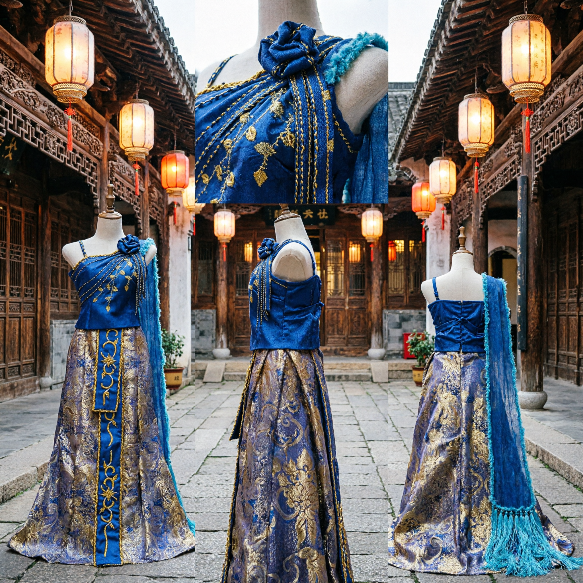 Traditionele Chinese Dai Etnische Minderheid Dans Kostuum Blauw Gouden Een-Schouder Jurk voor Dames Podiumoptreden - Asian Costume