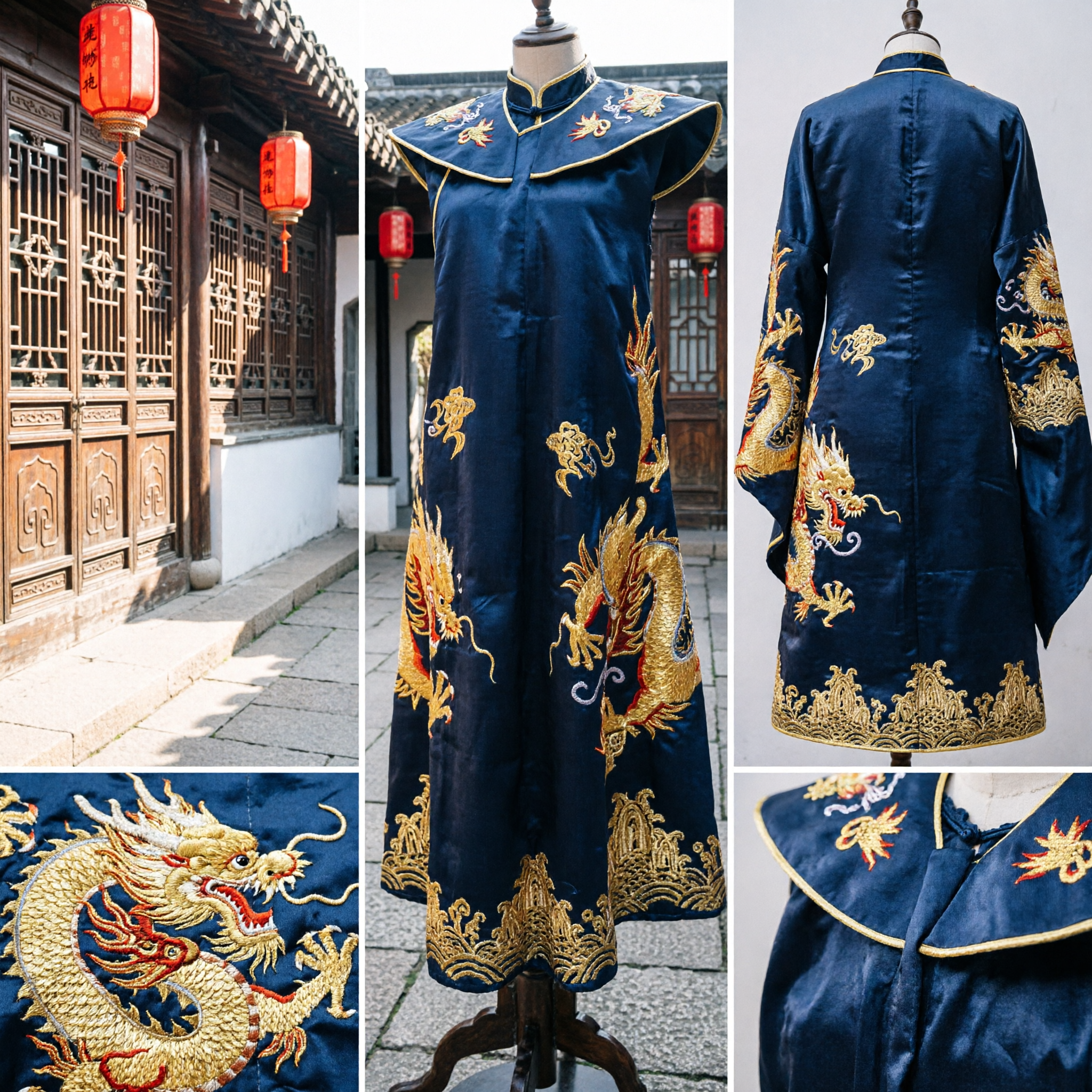 男性用伝統的中国黒龍ケープ 金刺繍サテンクローク 古代コスプレ衣装 - Asian Costume