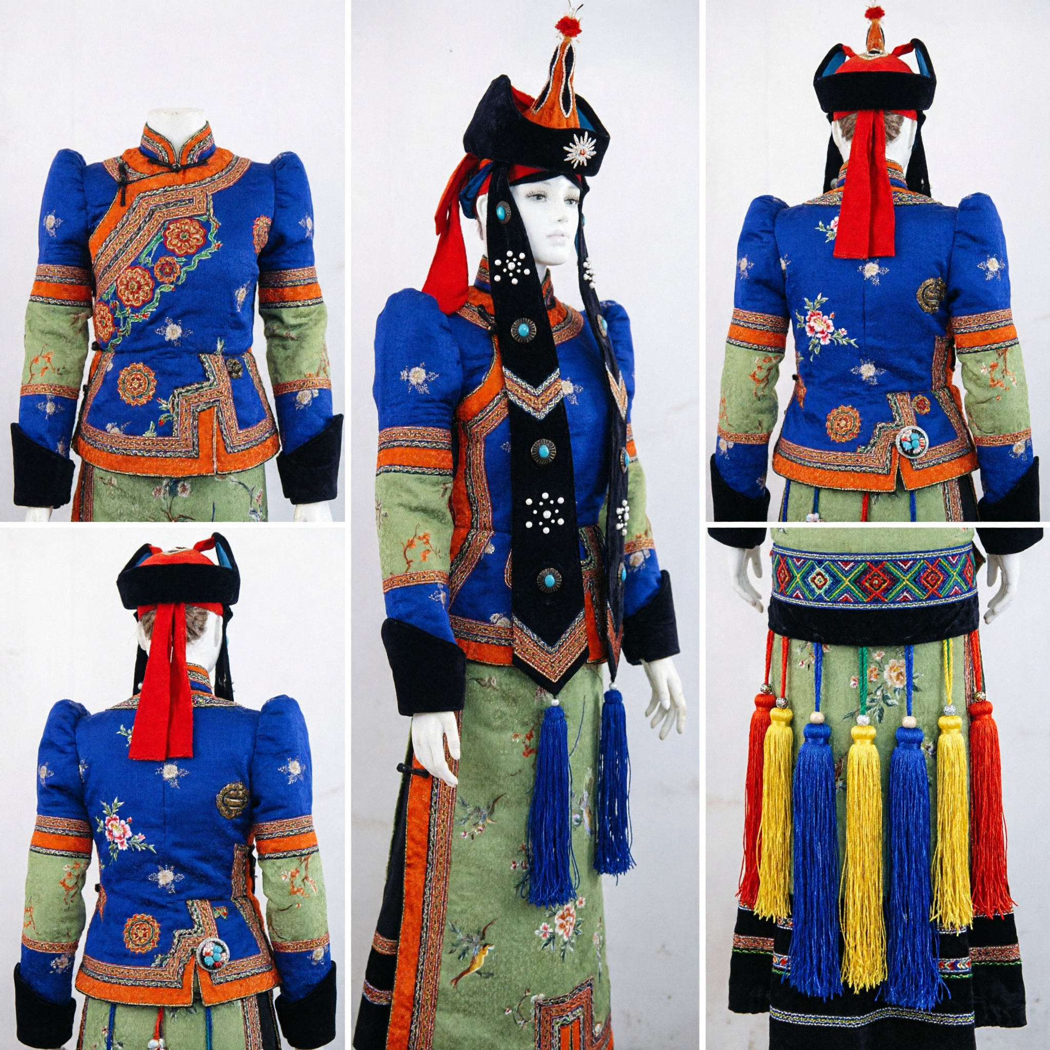 Traditionele Chinese Etnische Minderheid Kostuum Blauw Groen Borduursel Podiumoptreden Outfit Complete Set met Hoed - Asian Costume