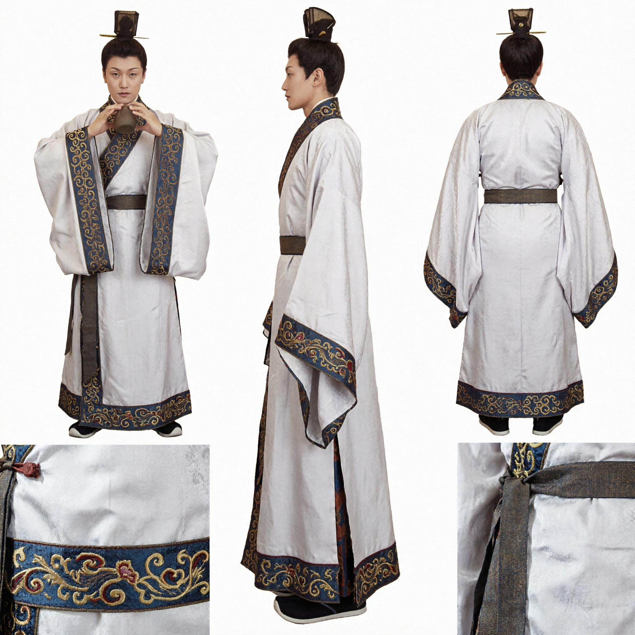 Costume Hanfu da Antico Studioso Cinese per Uomo, Veste Bianca con Motivo di Nuvole Dorate per Cosplay e Spettacoli - Asian Costume