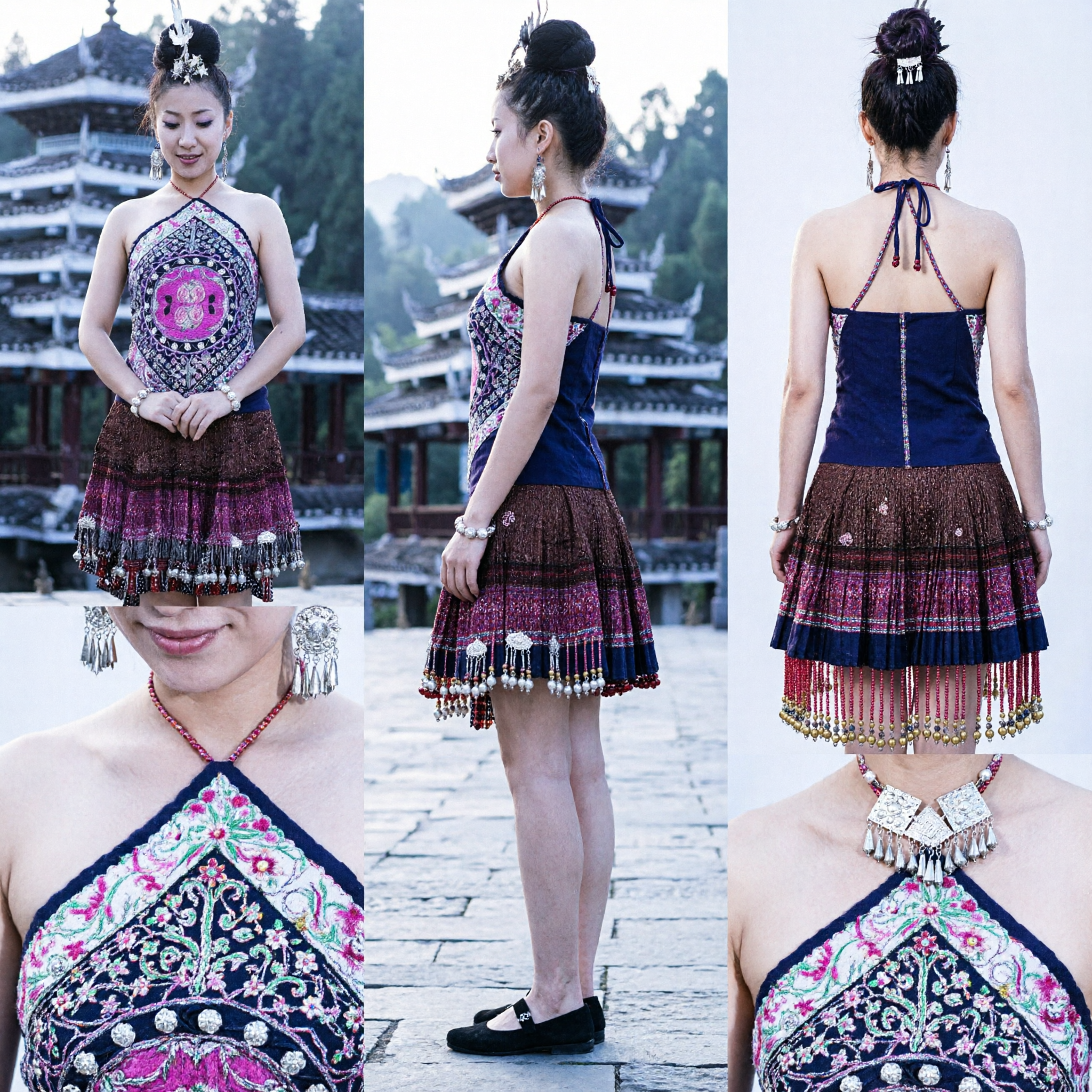 Women's Traditional Chinese Ethnic Minority Embroidered Halter Dress with Silver Ornaments for Folk Dance Performance - Asian Costume