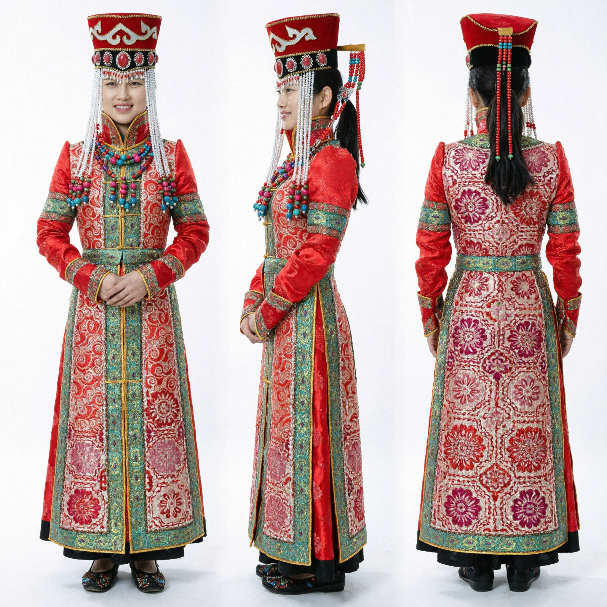 Robe de mariée traditionnelle mongole rouge pour femmes avec coiffe ornée et ensemble de bijoux perlé - Asian Costume