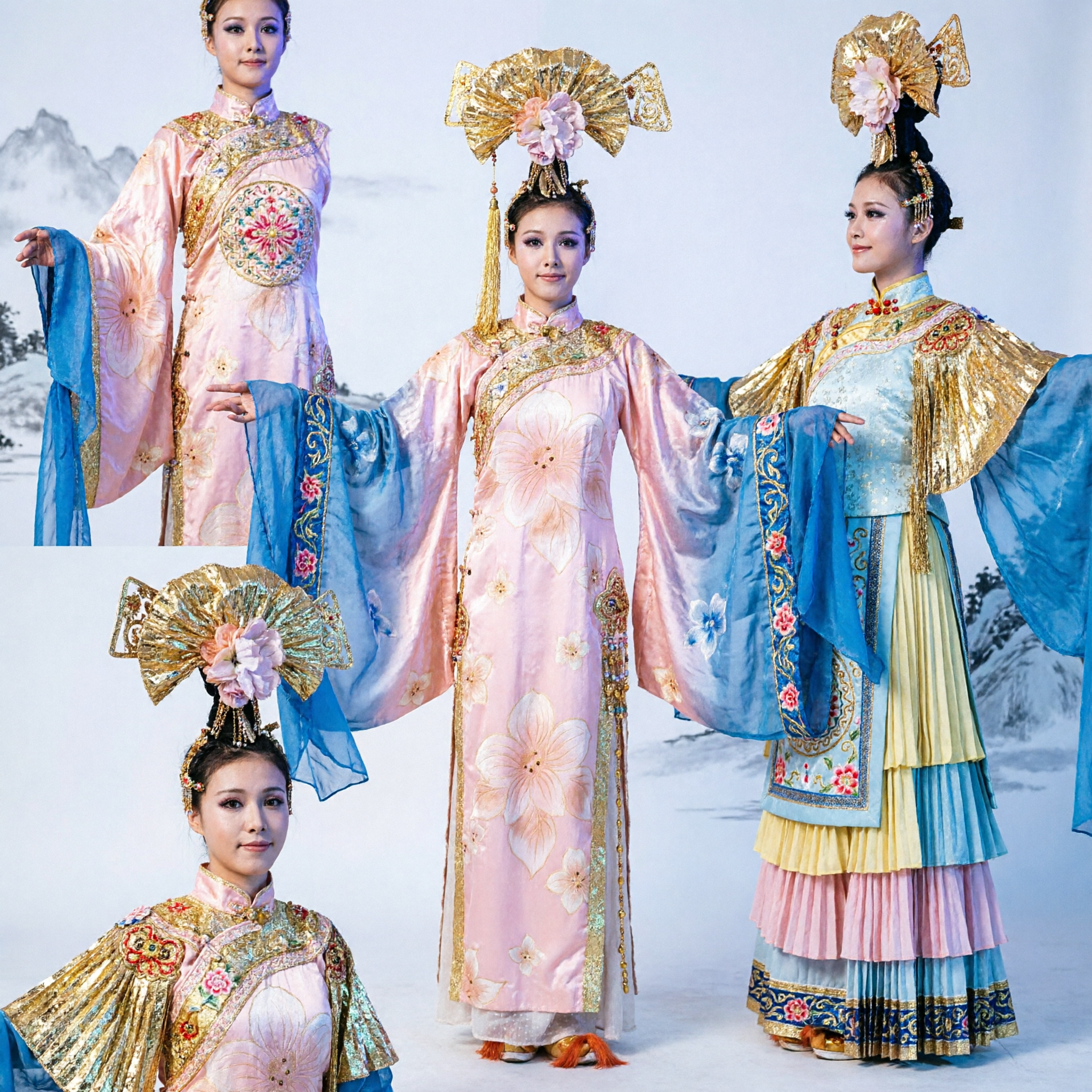 Chinesisches klassisches Tanzkostüm-Set für Frauen mit goldenen Fächerärmeln und aufwändigem Kopfschmuck für Theateraufführungen - Asian Costume