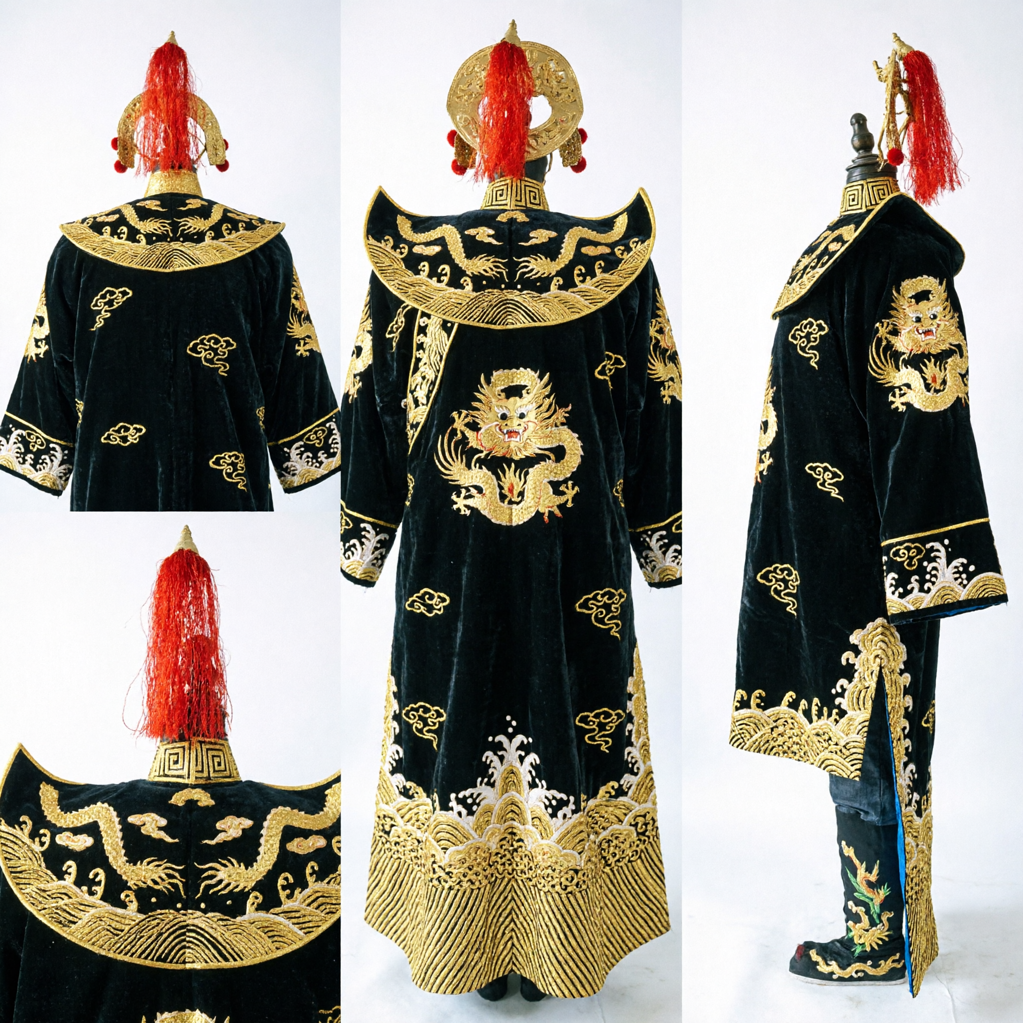 Set costume tradizionale nero da imperatore dell'Opera cinese con ricamo drago dorato, cappello e stivali per uomini - Asian Costume