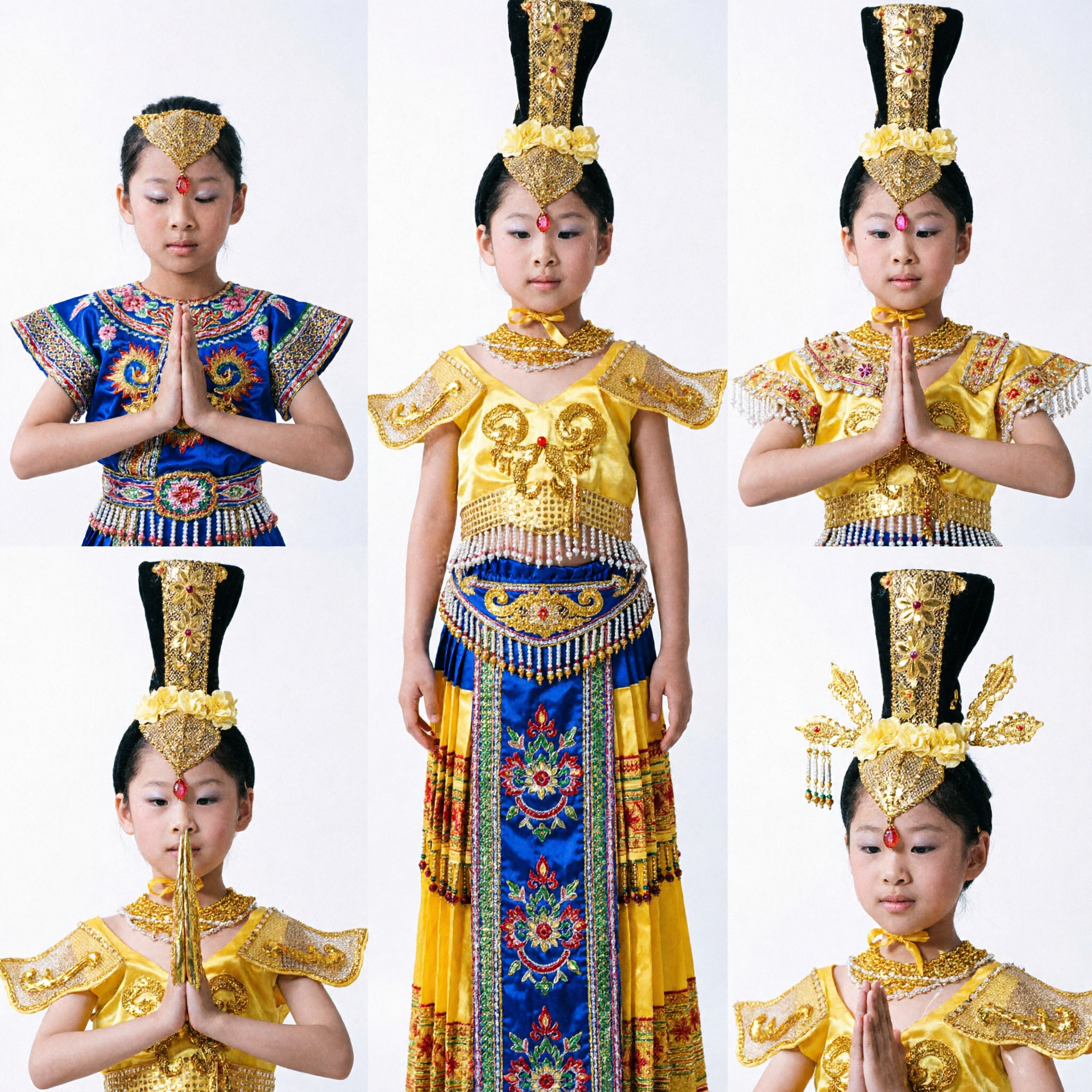 Kinderen meisjes traditioneel Chinese danskostuum geel goud sequin podiumvoorstelling outfit met uitgebreide hoofdtooi - Asian Costume