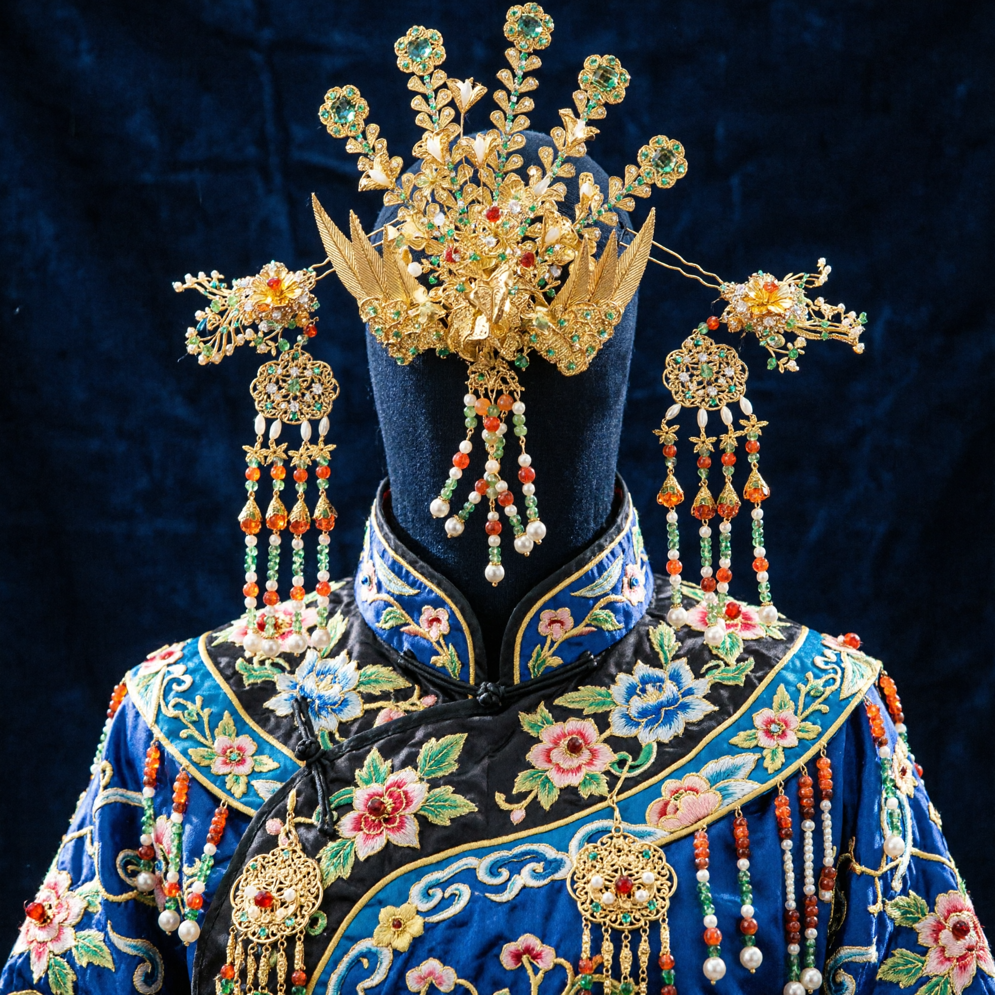 Ensemble de bijoux capillaires traditionnel chinois couronne phénix - Coiffe de mariage dorée avec glands pour mariées Hanfu - Asian Costume