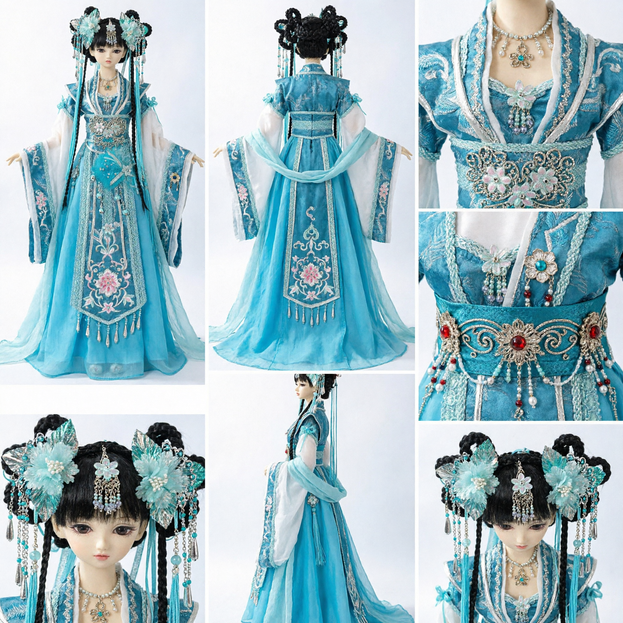 Raffinato costume Hanfu blu per bambole BJD, set vestito da fata tradizionale cinese con gioielli per capelli - Asian Costume