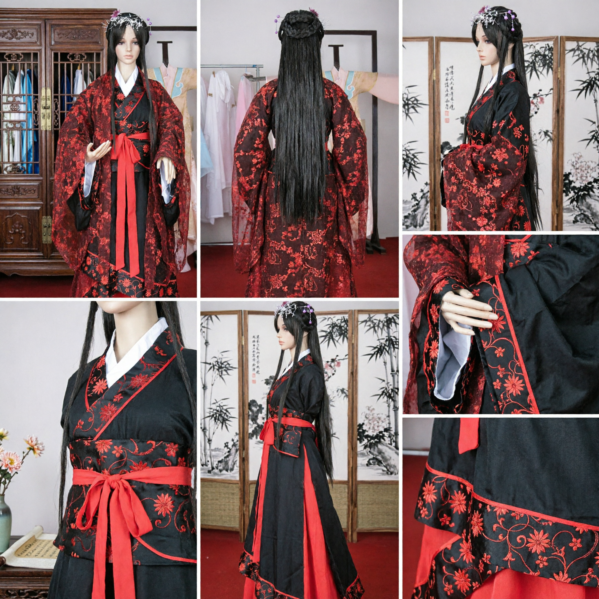 Traje Hanfu Tradicional Chino Negro y Rojo con Bordado Floral, Traje de Princesa Antigua para Actuación Femenina - Asian Costume