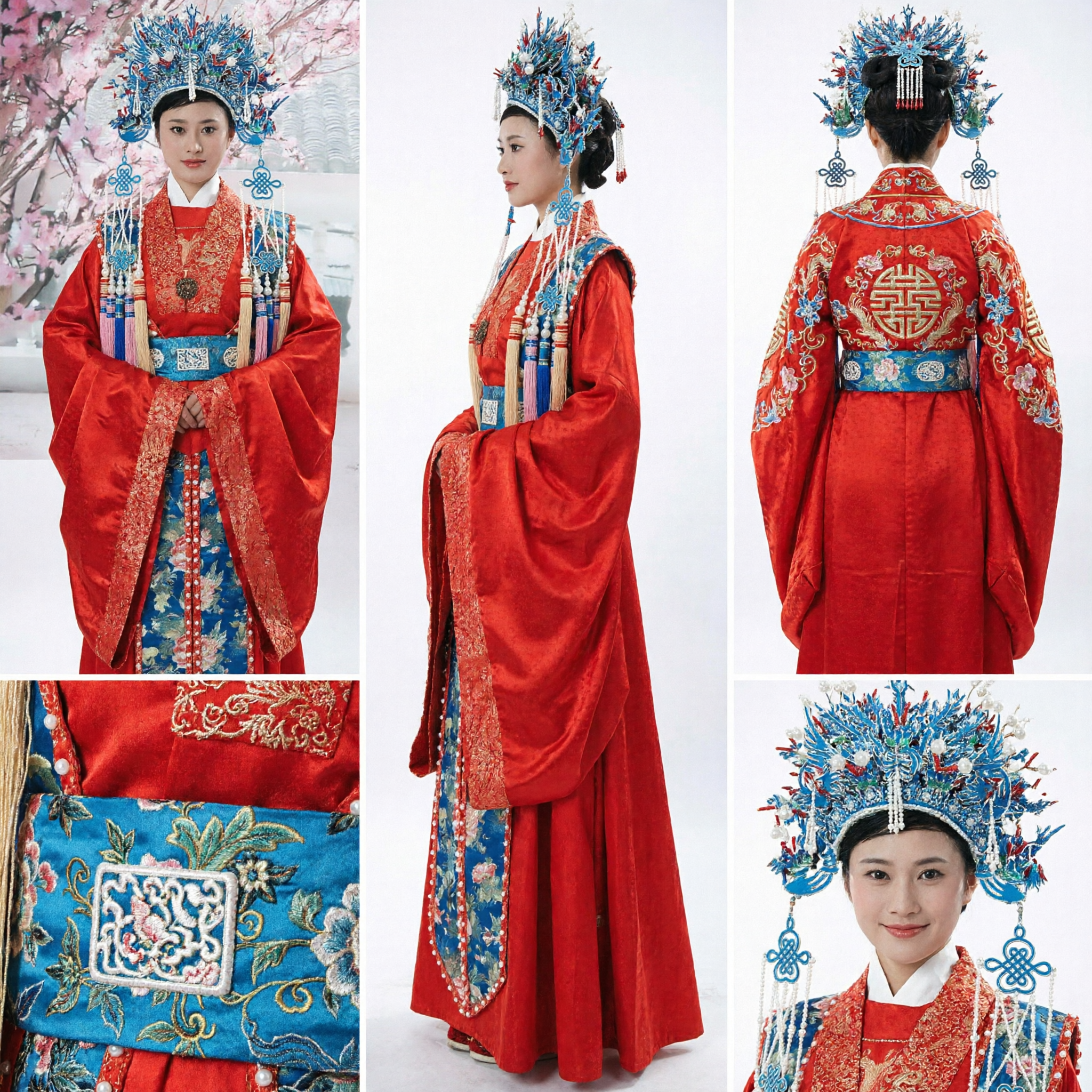 Hanfu de Casamento Tradicional Chinês, Robe Nupcial Vermelha Bordada da Dinastia Ming Antiga com Adereço de Coroa de Fênix para Mulheres - Asian Costume
