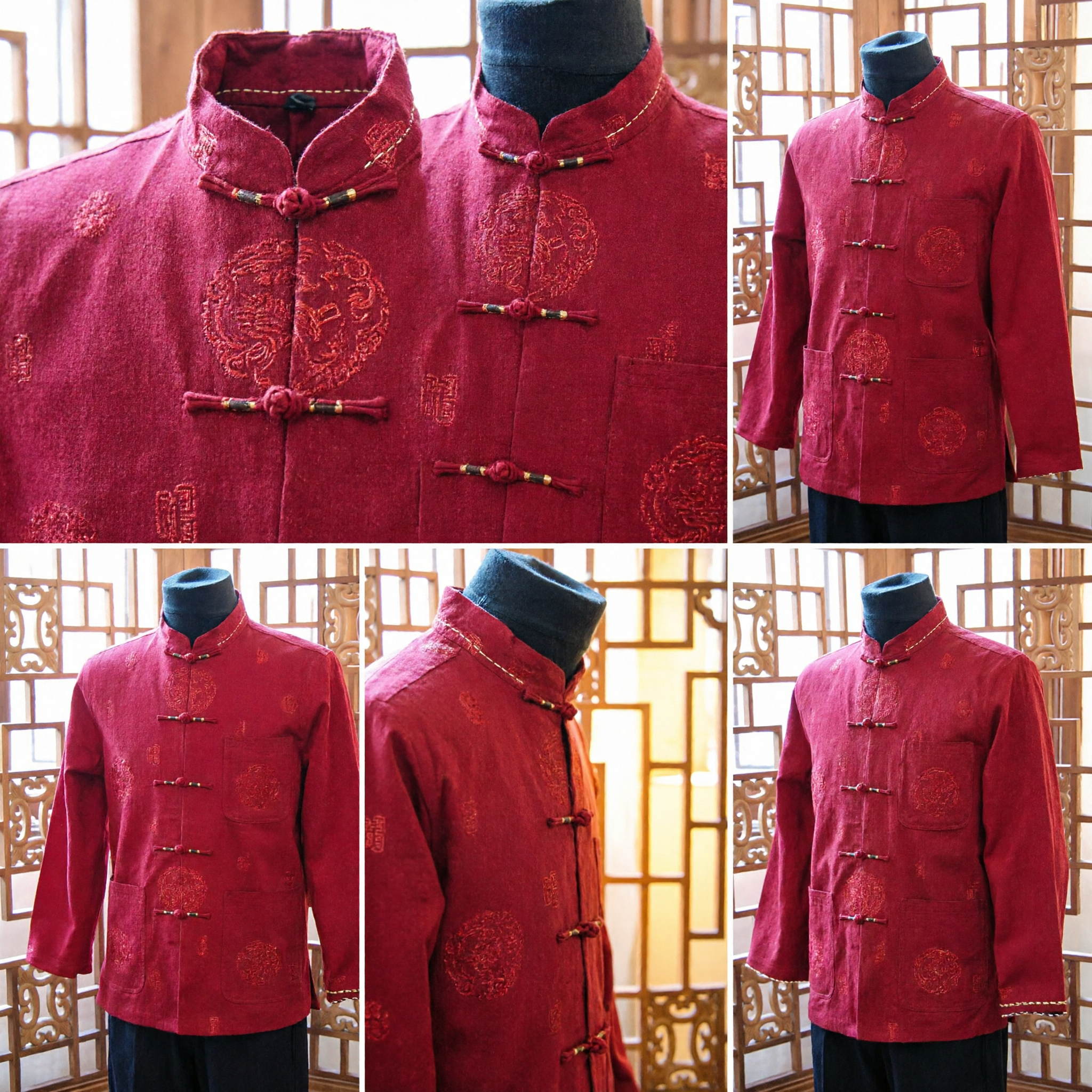 Veste Traditionnelle Chinoise Tang Suit Jacquard Rouge pour Homme - Haut à Col Mandarin pour Mariage et Nouvel An Lunaire - Asian Costume