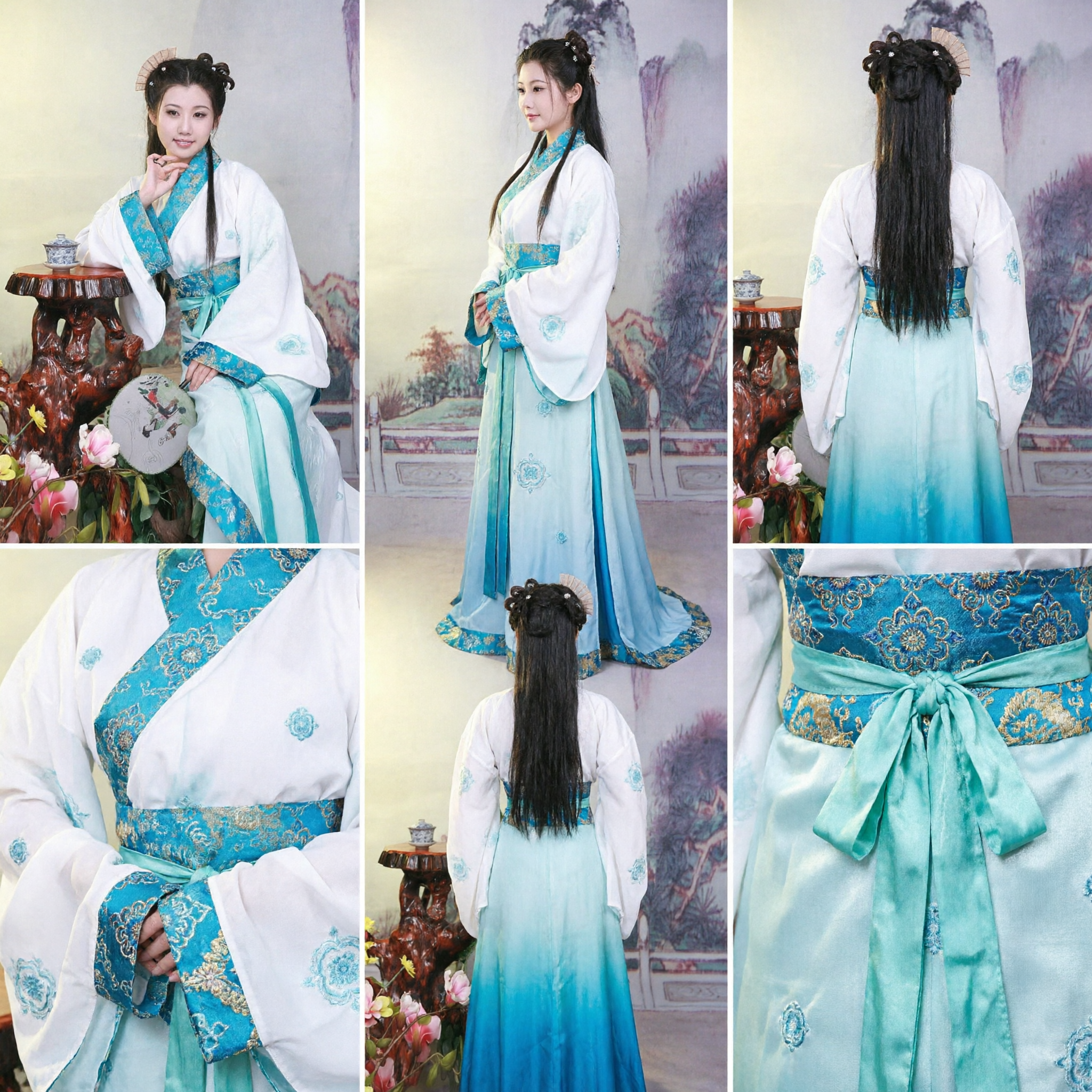 Hanfu Tradicional Chinês para Mulheres Estilo Dinastia Ming Traje Antigo Azul e Branco Conjunto para Fotografia e Performance - Asian Costume