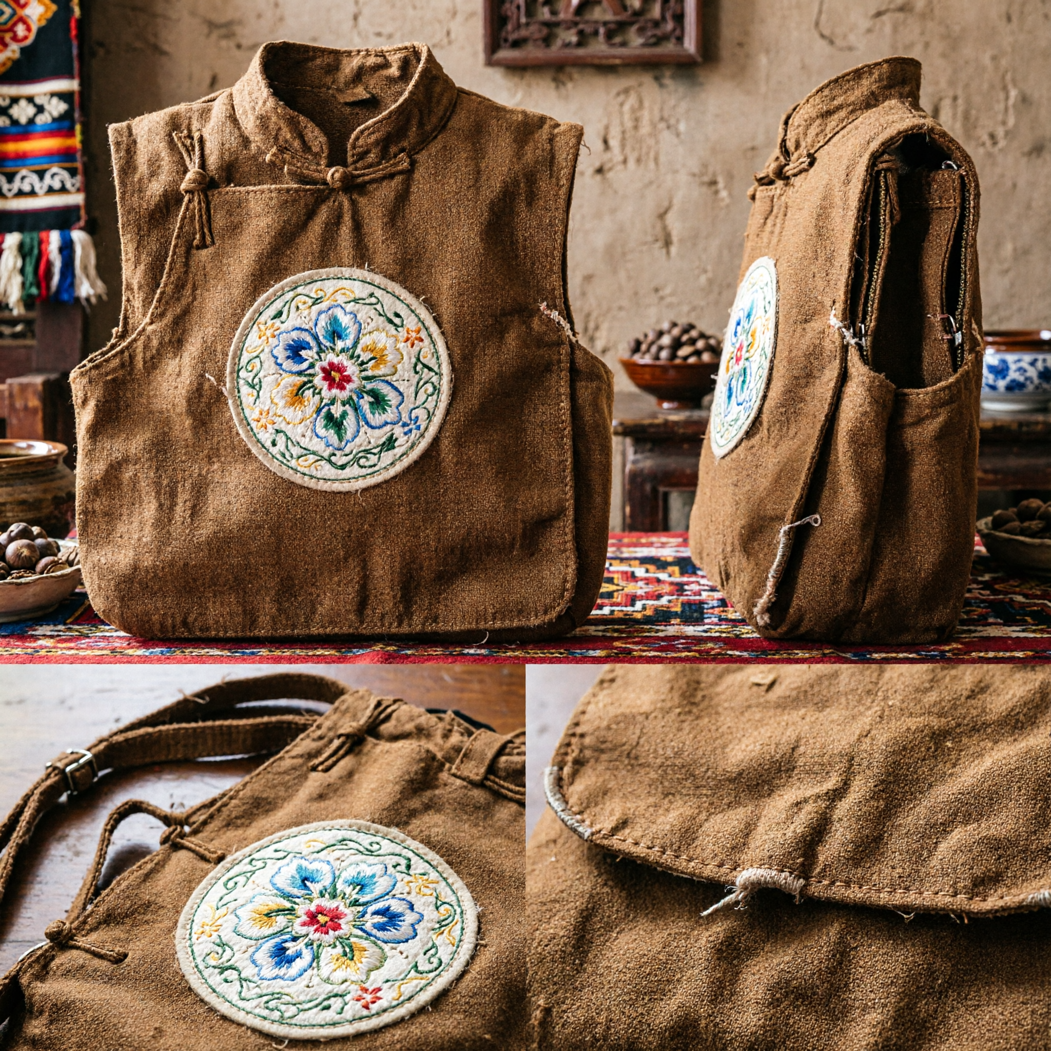 Bolso de Hombro Étnico Marrón de la Tribu de las Colinas Tailandesas Bolso Mensajero Bordado a Mano para Mujer Viaje Casual - Asian Costume