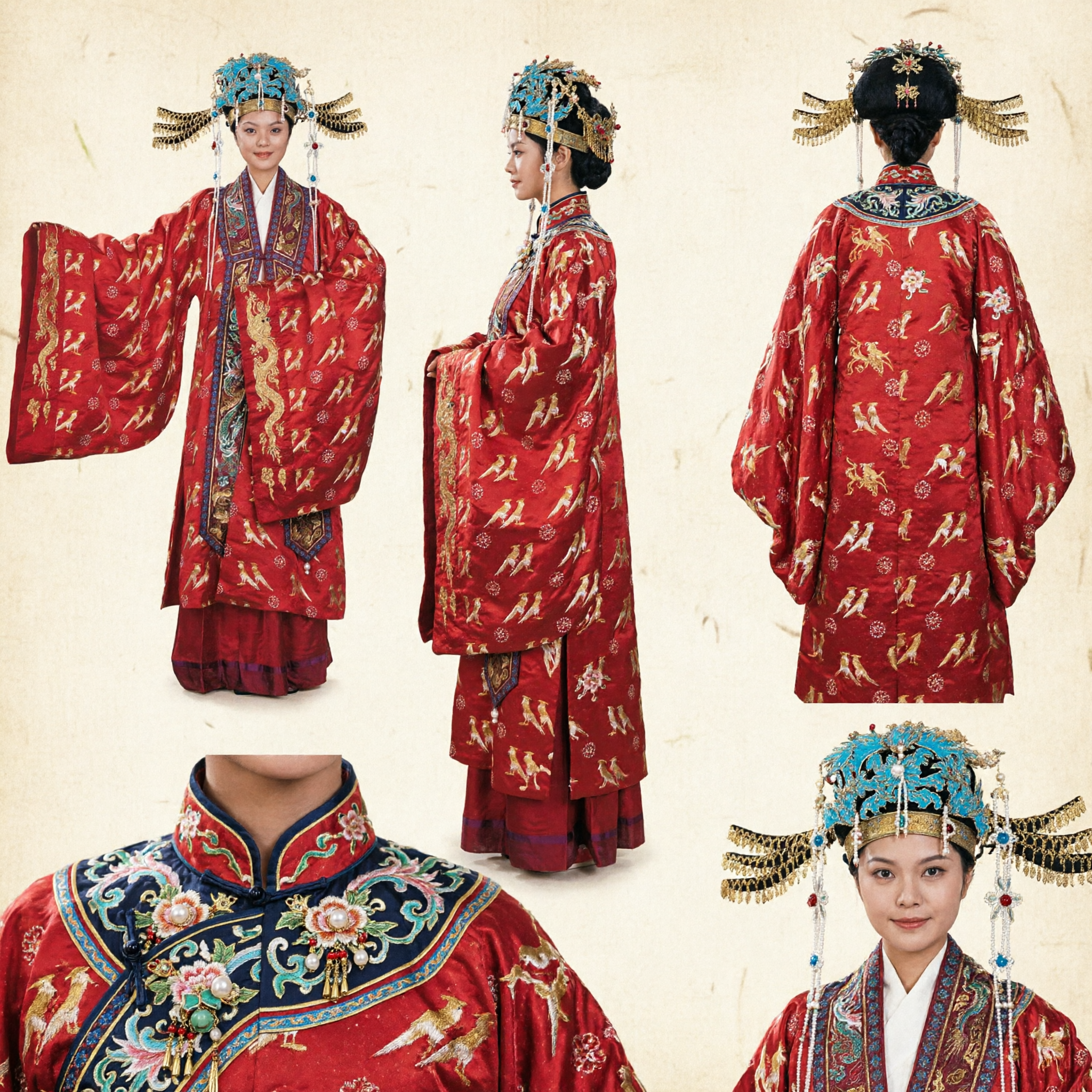 Traditionelles antikes chinesisches Kaiserinnen-Kostüm, rot bestickter Python-Mantel mit Phönix-Krone für Frauen, Hochzeitsauftritt - Asian Costume