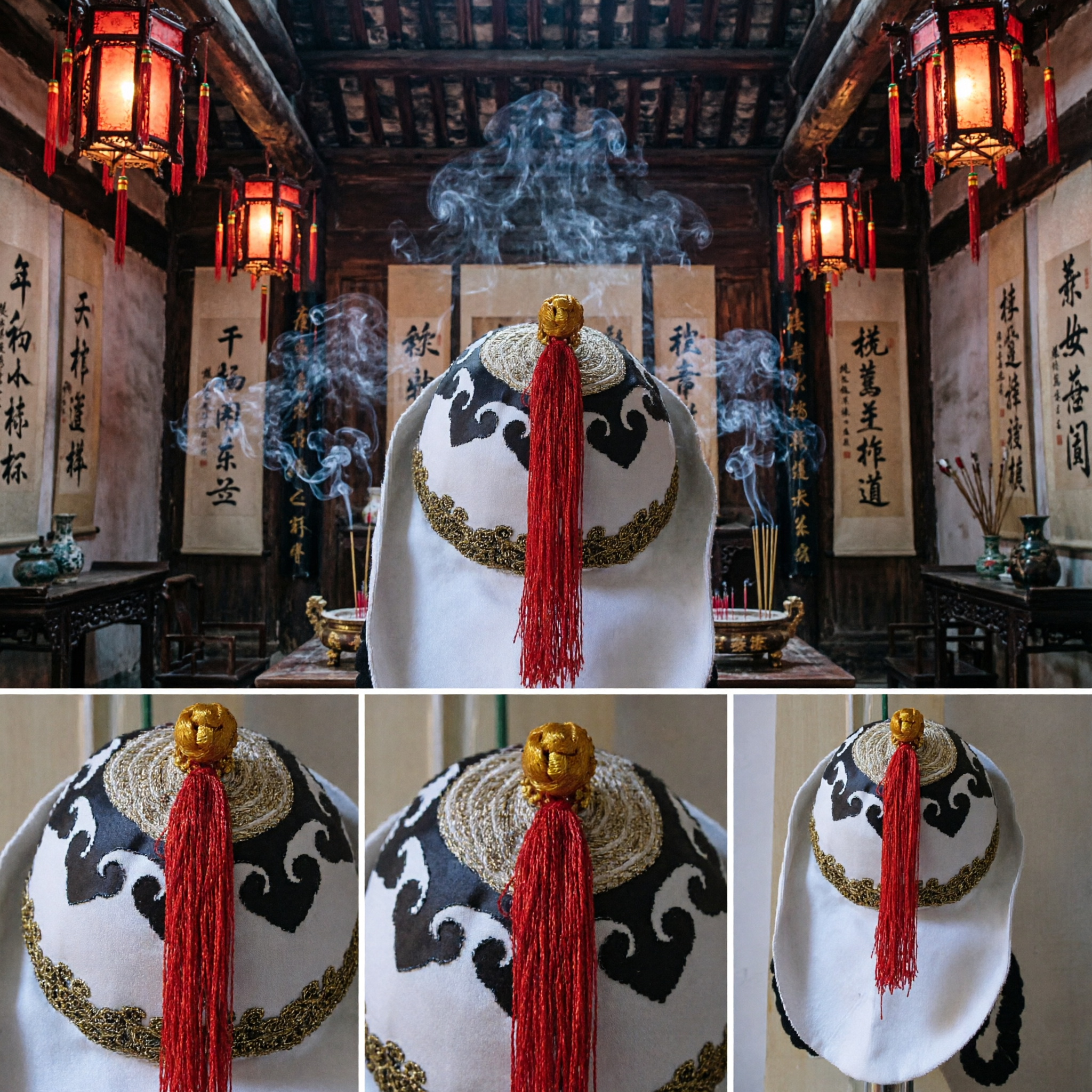 Chapéu Étnico Mongol Chinês Tradicional com Borla Vermelha e Acabamento Dourado para Traje de Dança Folclórica e Festivais - Asian Costume