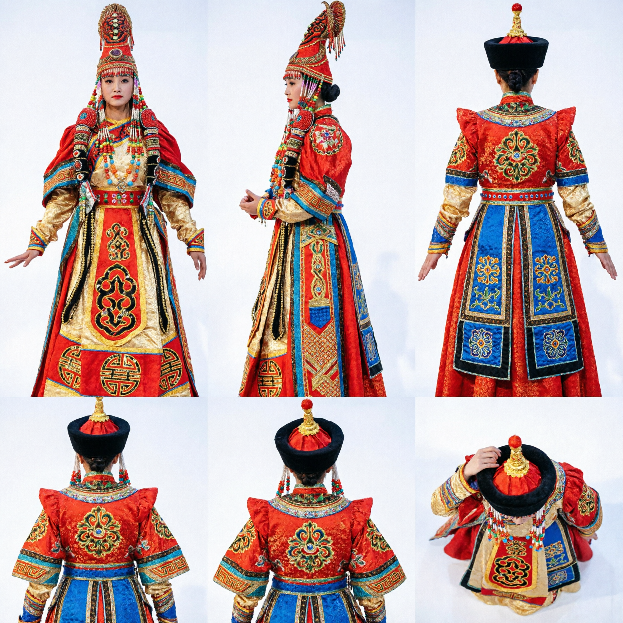 Kobiecy tradycyjny mongolski etniczny strój sceniczny, czerwona złota haftowana szata i nakrycie głowy do tańca ludowego - Asian Costume