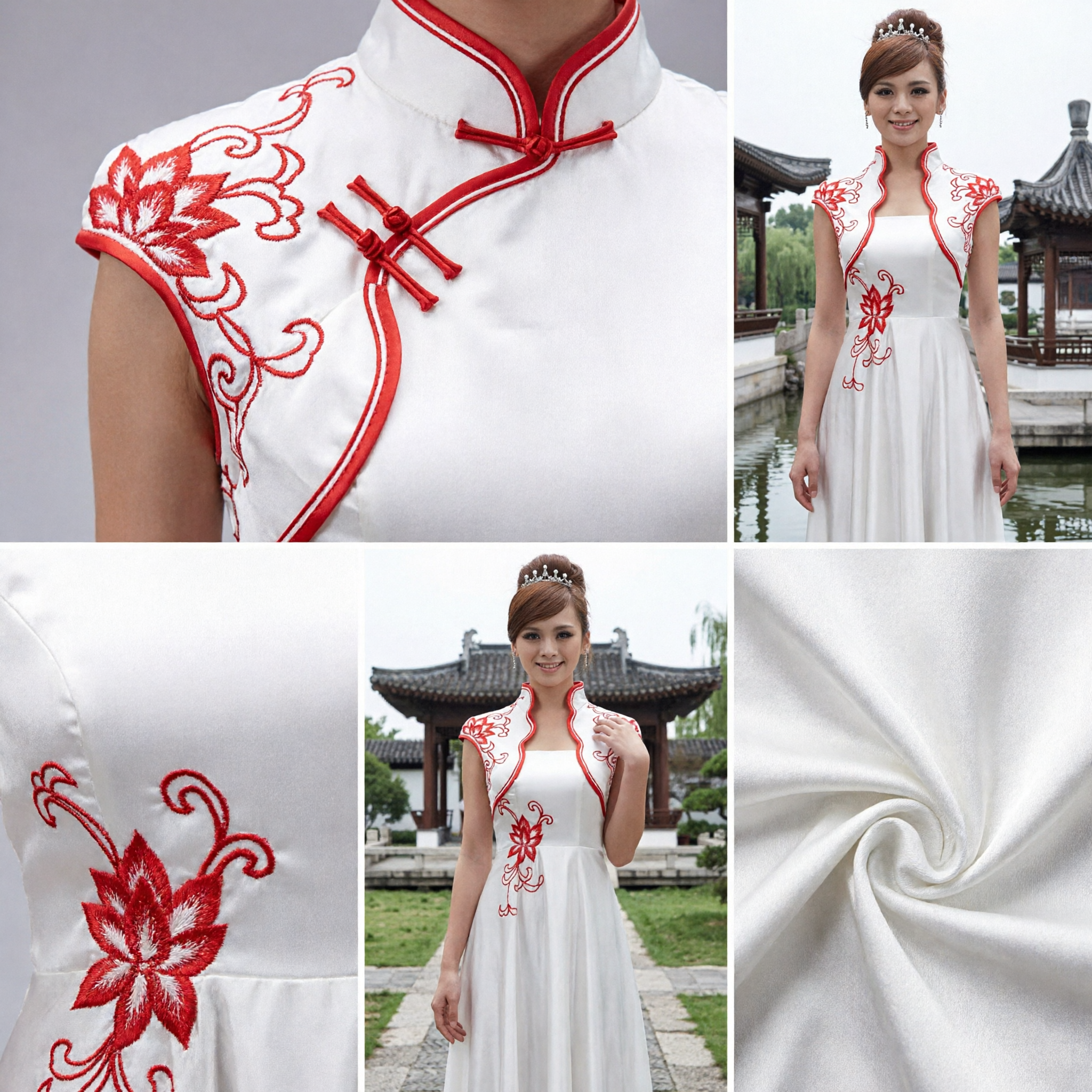 Robe de soirée élégante de style chinois Qipao blanc, broderie florale rouge, col mandarin, robe de mariage - Asian Costume