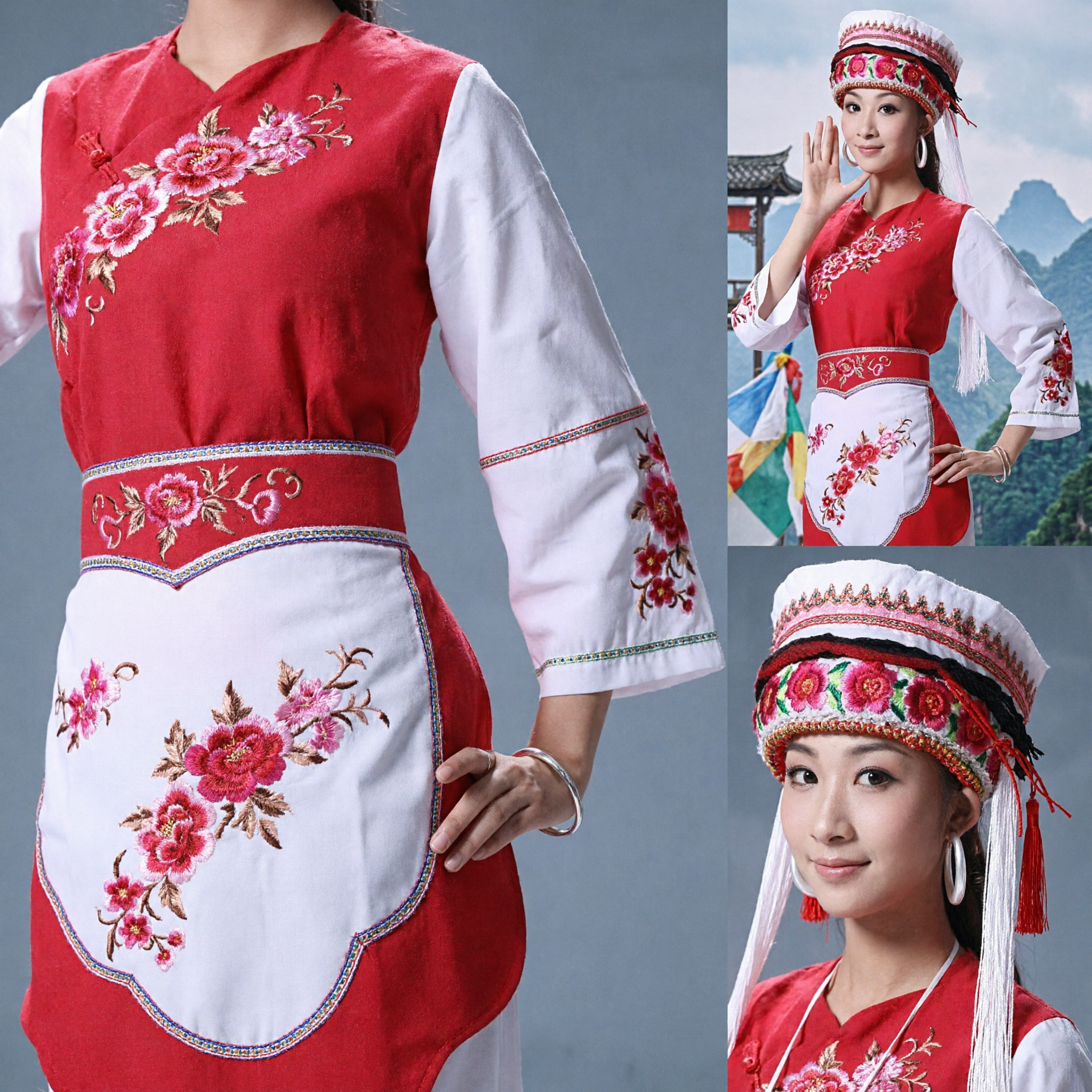 Traje de Danza Folklórica de la Nacionalidad Bai China Tradicional Conjunto de Espectáculo Bordado Rojo y Blanco para Mujeres - Asian Costume